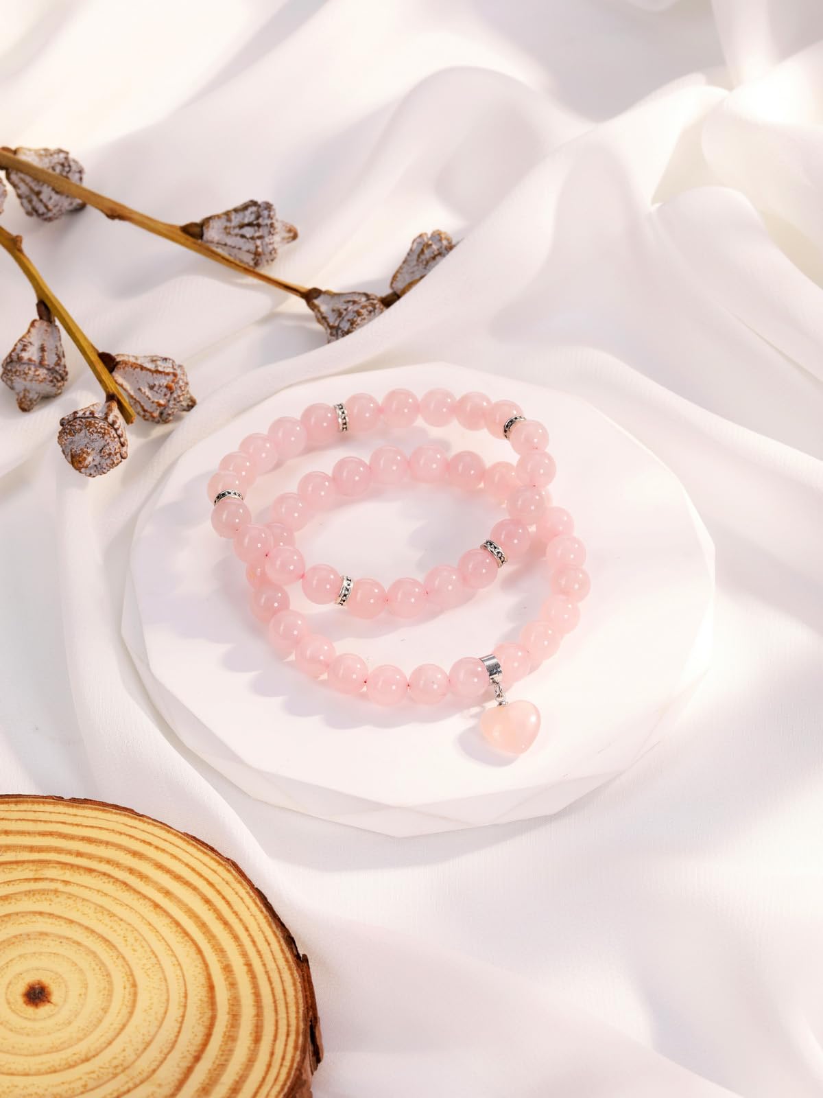 MANIFO 2pcs Rose Quartz Heart Crystal Bracelet for Women Crystal Bracelet Set Gemstone Beads Bracelets Jewellery Gifts for Birthday Valentines Christmas