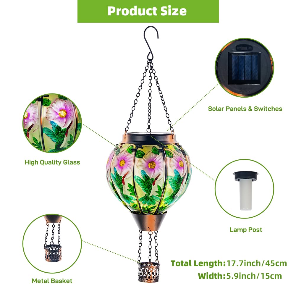 DREAMSOUL Hummingbird Hot Air Balloon Solar Lantern, Hanging Solar Lanterns Outdoor with Flickering Flame Light, Metal & Glass Solar Lanterns Outdoor Waterproof for Patio Yard Decor
