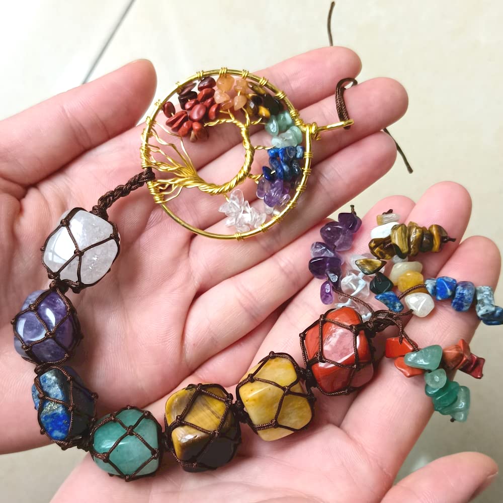 Handmade Tree of Life Ornament 7 Chakra Healing Crystals Hanging Ornament for Car Wall Window Home Decor Christmas Tree (Brown Thread)