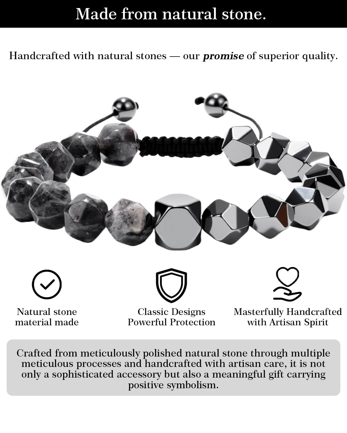 Beaded Bracelet for Men, 10mm Natural Stones Bracelet for Men's Gift, Adjustable Precision-Cut Gemstone Crystal Healing Bracelet, Protection Jewelry Gift with Hematite, Tiger Eye (Black Labradorite & Hematite)