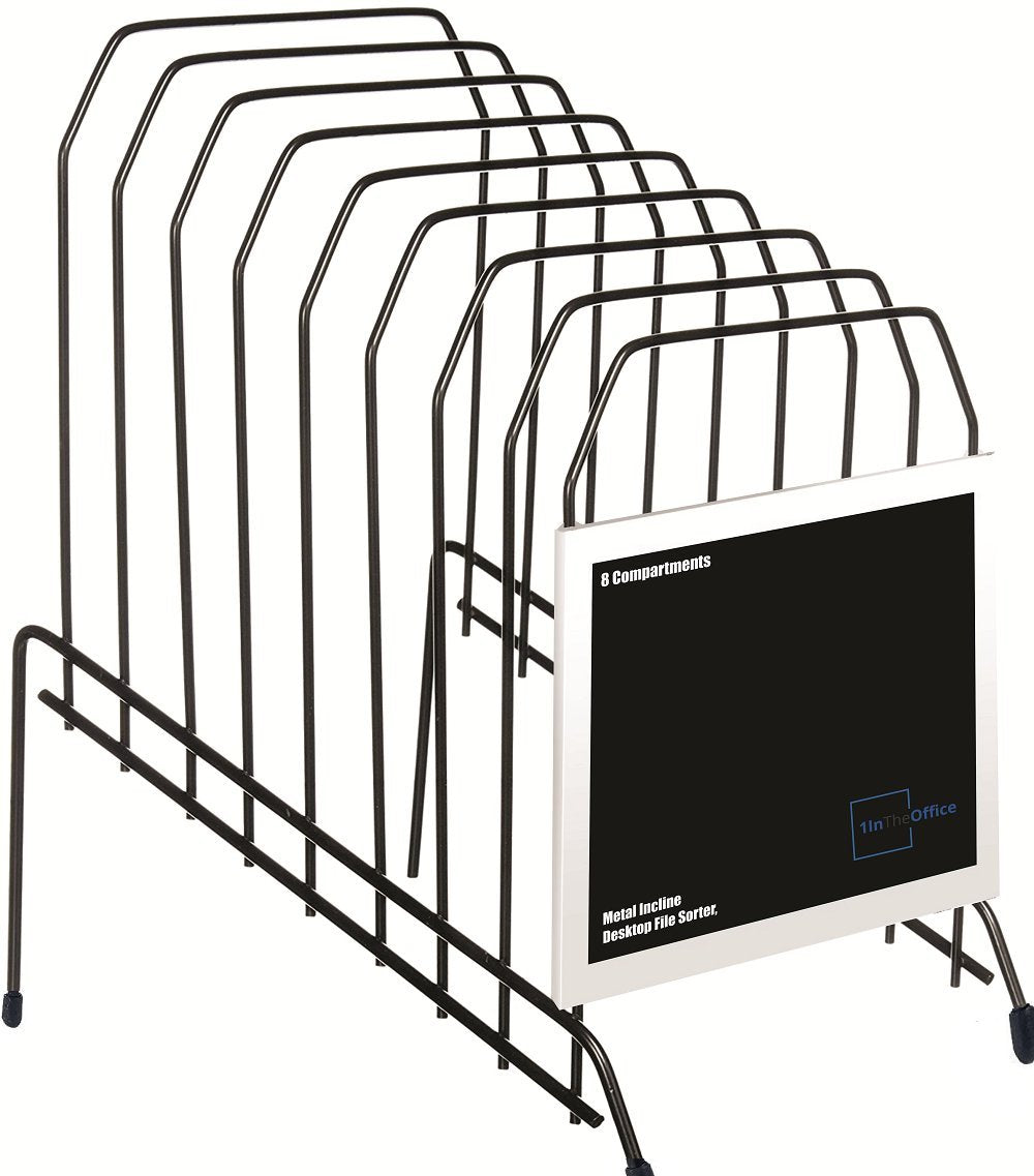 1InTheOffice Metal Incline Desktop File Sorter, 8 Compartments, Black (Black)
