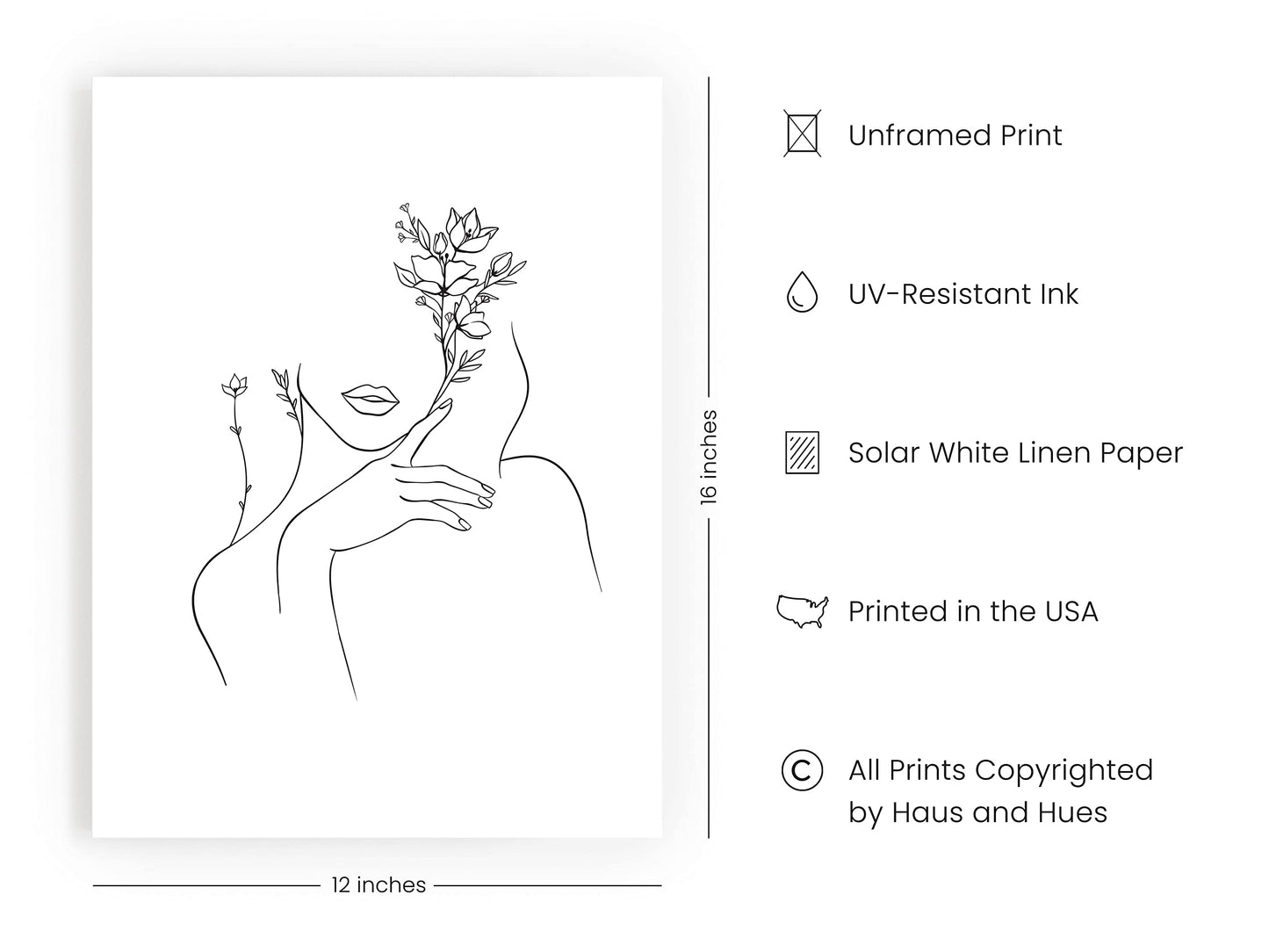 HAUS AND HUES Black and White Prints Line Art Line Art Wall Decor Minimalist Wall Art for Women, Line Drawings Minimalist Silhouette Wall Art Female UNFRAMED 12” x 16” (Woman with Flower)