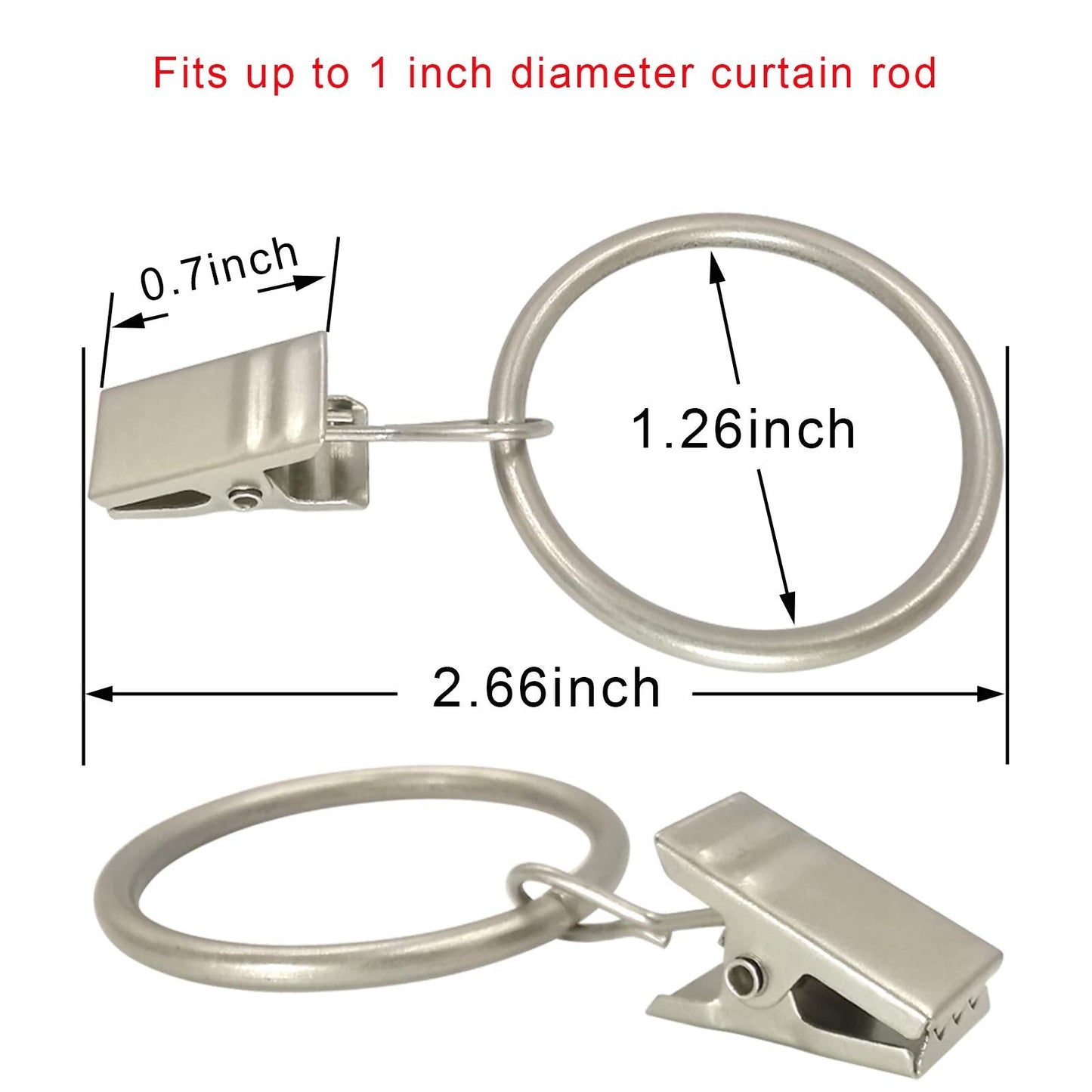 AMZSEVEN 40 Pack Curtain Rings with Clips, Drapery Clips with Rings, Drapes Rings 1.26 in Interior Diameter, Fits up to 1 in Curtain Rod, Matte Silver