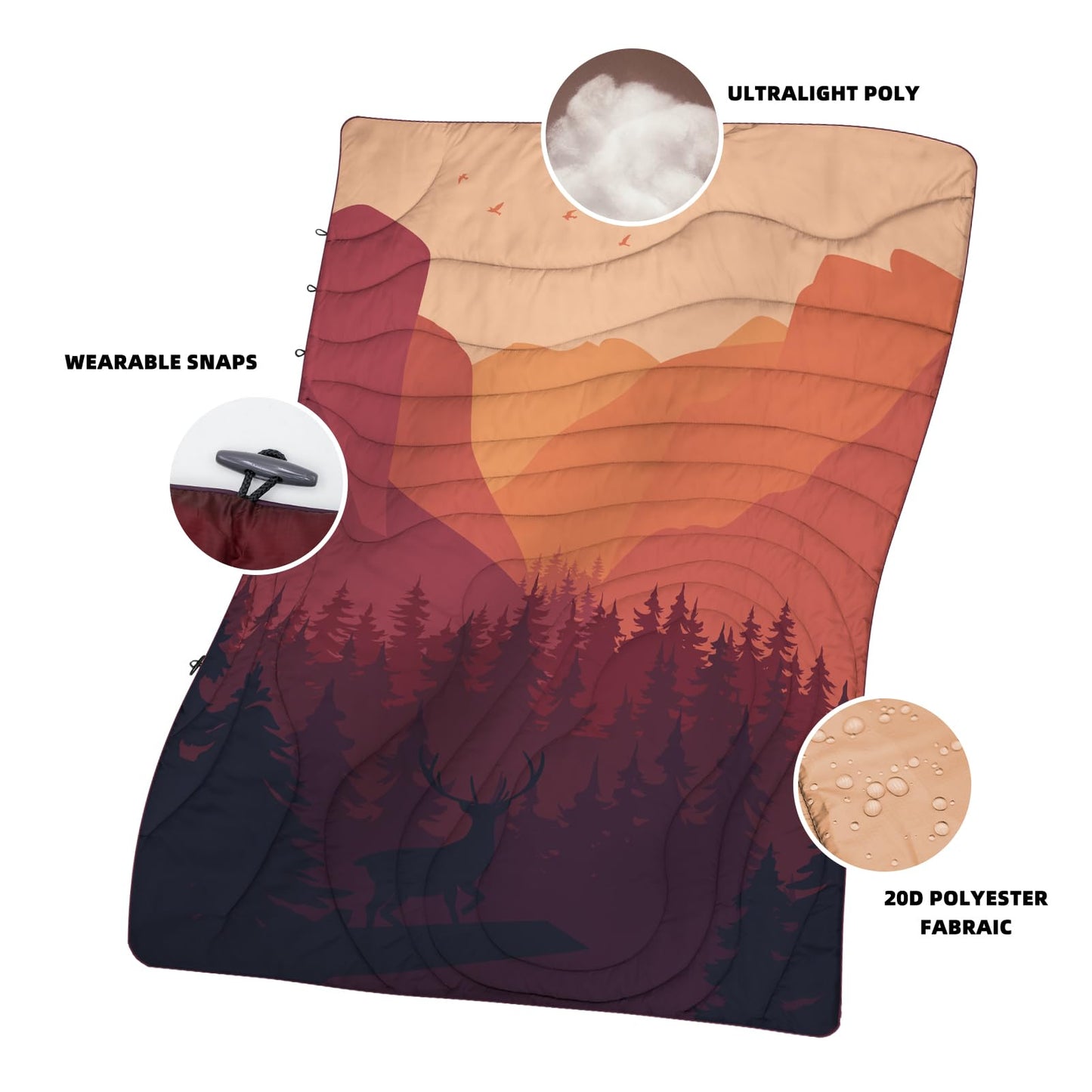 KawaGebo Kamp Camping Blanket Puffy - Outdoor Stadium Blanket Wearable, Lightweight, Packable, Machine Washable Camping Quilt for Traveling, Picnic, Beach, Party 78"x 56" (Sunset Mountain Scenery)