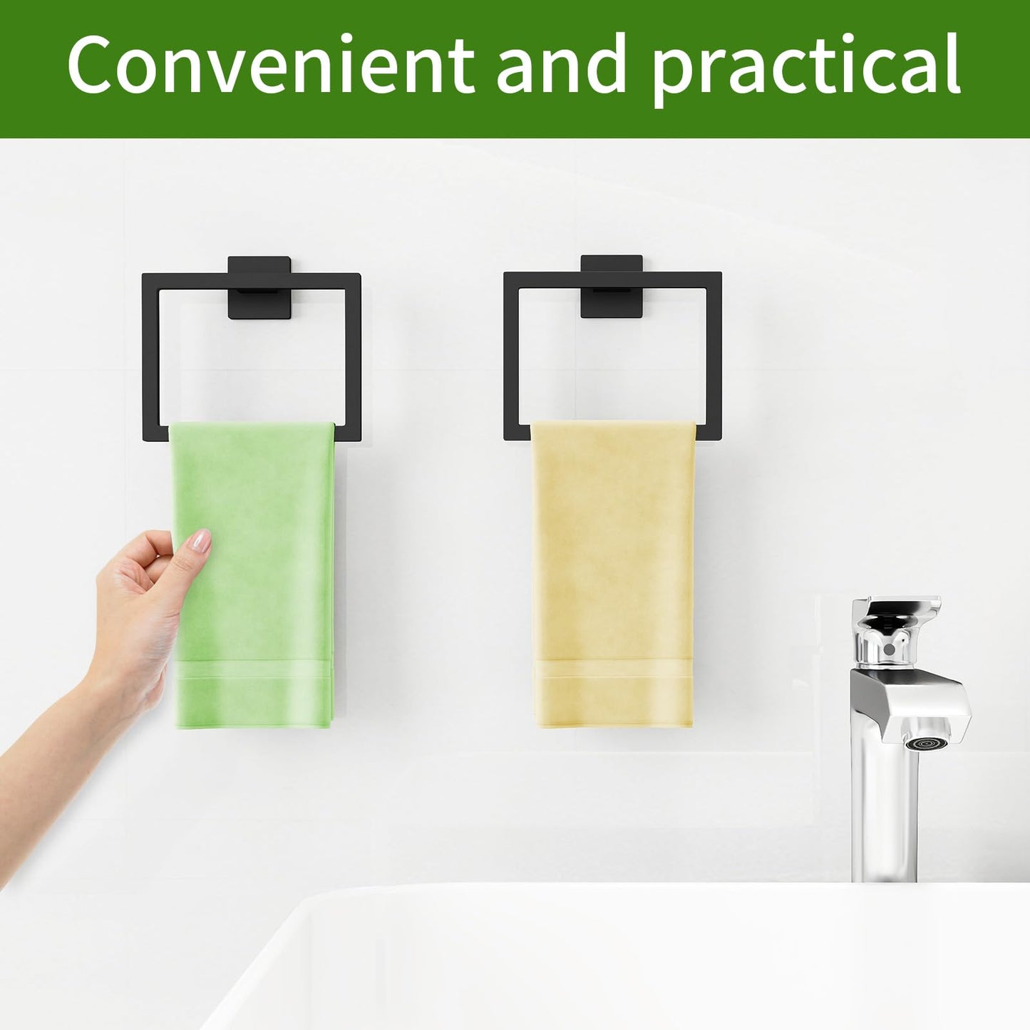 2 Pack Matte Black Hand Towel Holder, Stainless Steel Wall Mounted Hand Towel Holder for Bathroom, Modern Square Towel Ring for Bath, Kitchen, RV