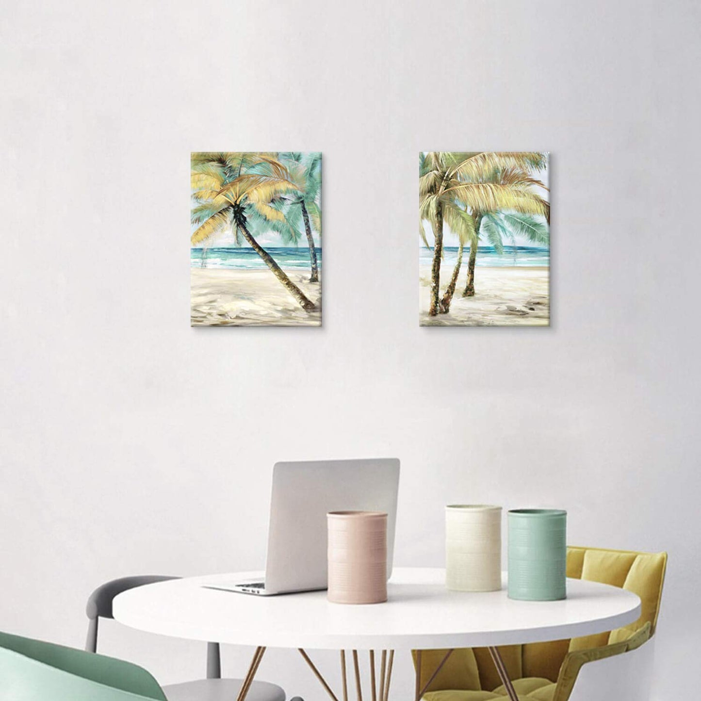 ARTISTIC PATH Beach Palm Trees Wall Art: Abstract Coastal Seascape Hand Painted Artwork Painting on Canvas Pictures for Living Room (11" W x 16" H x 2 PCS, Multi-Sized)