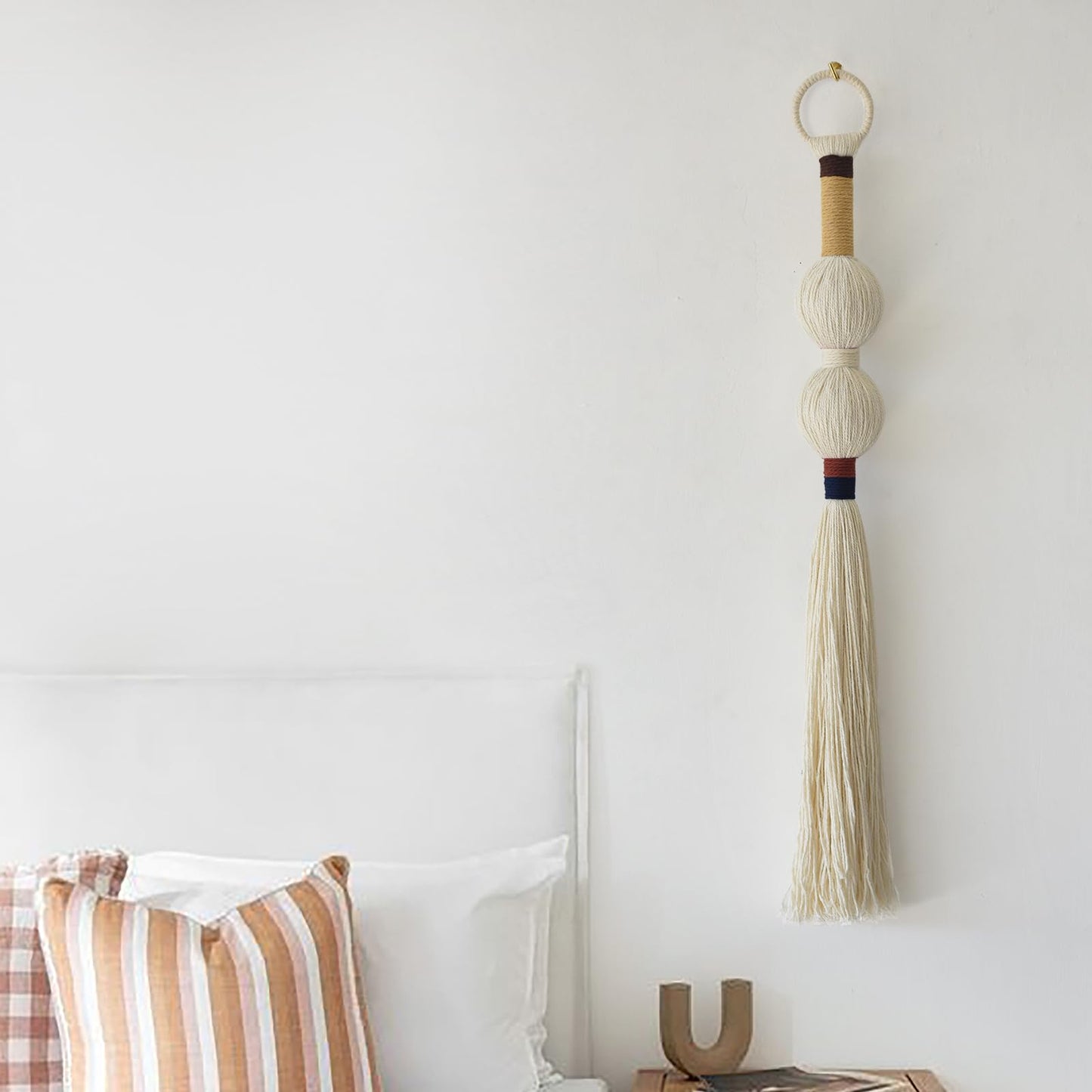 IOWER Macrame Wall Hanging Boho Decor Yarn Wall Art Small Sphericity Cotton Textile Tassel Hanging Fiber Art for Living Room Bedroom 27'' L x 2.3'' W