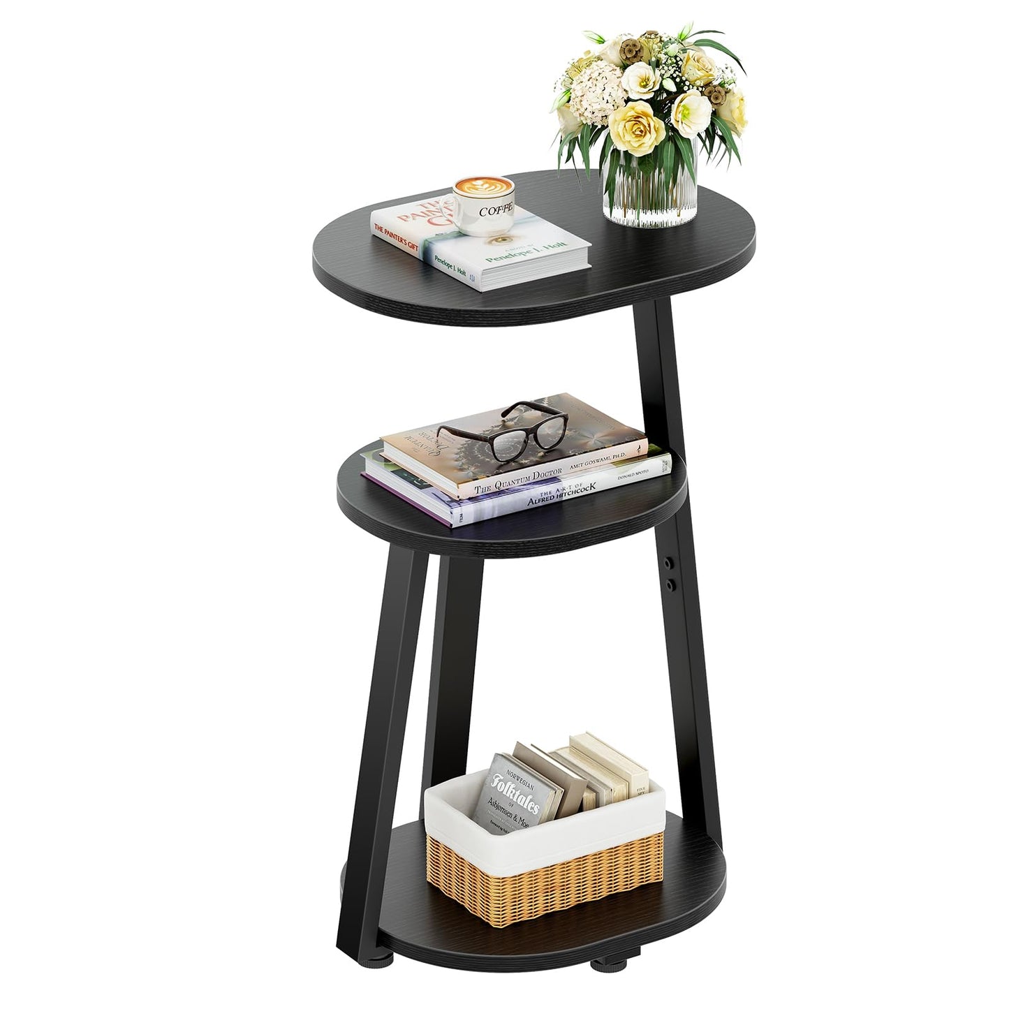 Kalrin Side Table, Small End Table with Metal Frame, 3-Tier Bedside Tables, Round Side Tables for Living Room Bedroom Couch Bathroom, Oval, Pure Black
