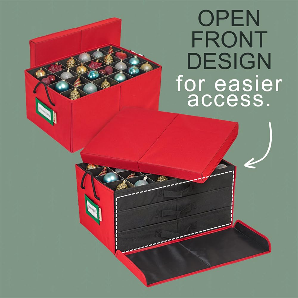 HOLDN’ STORAGE Christmas Ornament Storage Box with Dividers, Holds 72 Ornaments (3 Inch), Large Ball Storage Container with 3 Removable Trays, Durable and Portable - Red