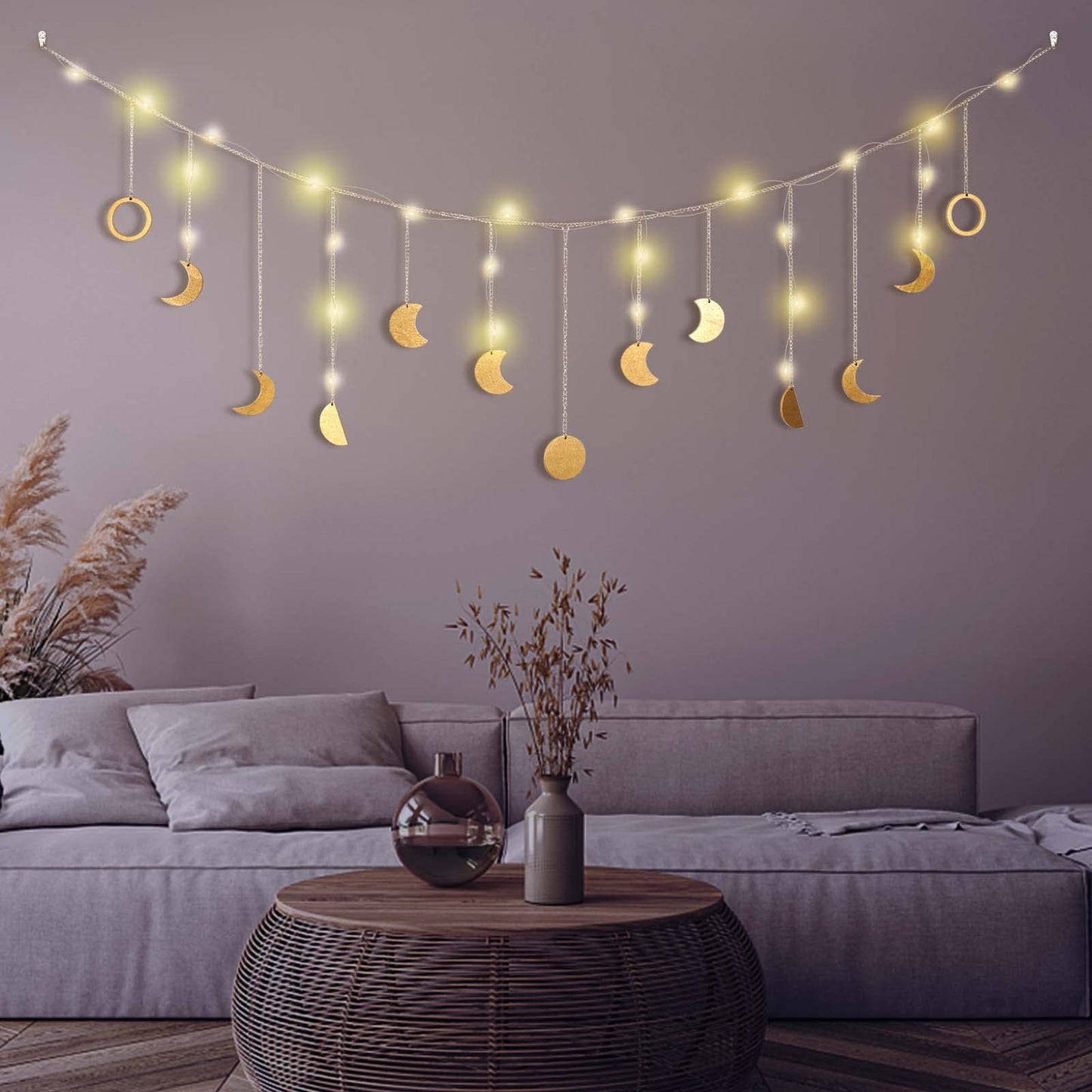 Brmeday Moon Phase Wall Decor with LED String Light, 13 Gold Wood Boho Wall Hanging Decor Mood Garland 56'' - Celestial Phases Moon Decoration in Bohemian Style for Bedroom Living Room, Gifts for Mom