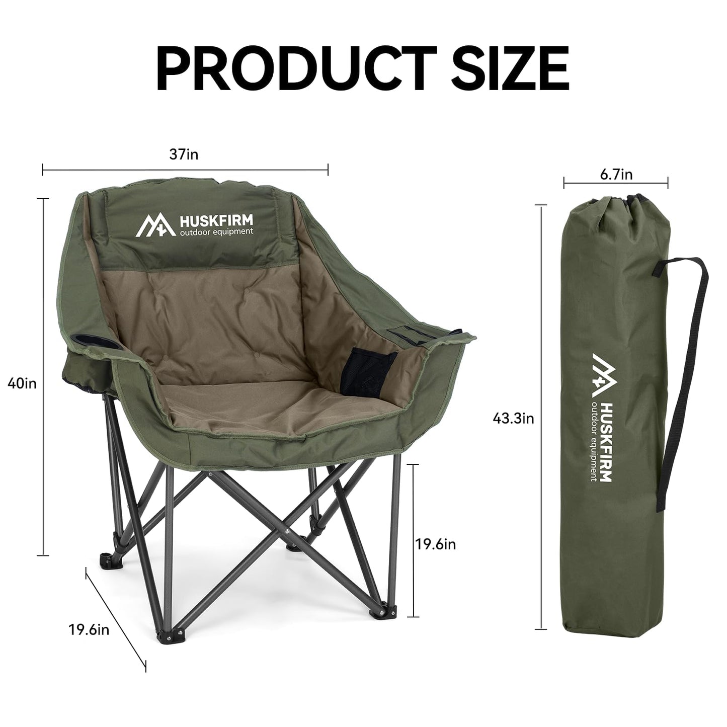 Huskfirm 2 Pack Camping Chairs Oversized Padded Camping Chair Heavy-Duty Foldable Camping Chairs with Cup Holder and Cooler Bag Portable Lawn Chair for Sports Outdoors-Support 450LBS,Green