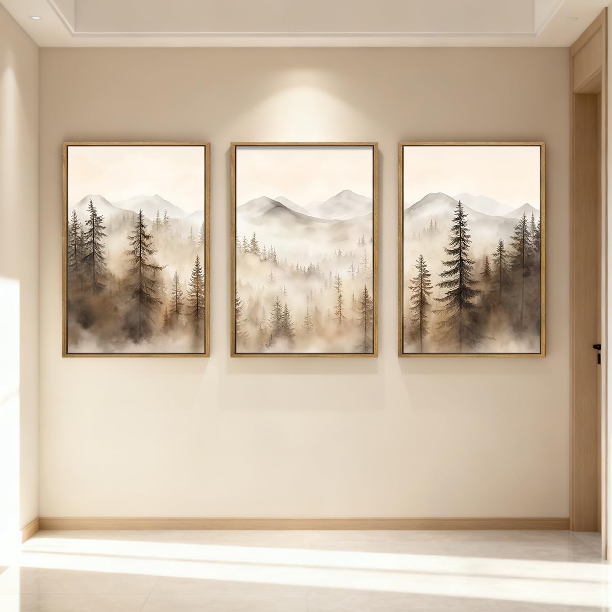 IARTTOP Large Mountain Forest Framed Canvas Wall Art 16x24 Inch Set of 3 Abstract Misty Woodland Painting Modern Farmhouse Art Prints for Living room Dining room