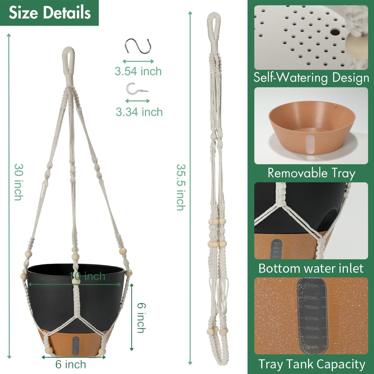 YUNLINGAA Self-Watering Hanging Planters for Indoor Plants Set 2-Piece Includes Plant Hanging Pot, Drainage-Hole Hanging Pot, and Hanging Basket Rack (10 Inches, Black)