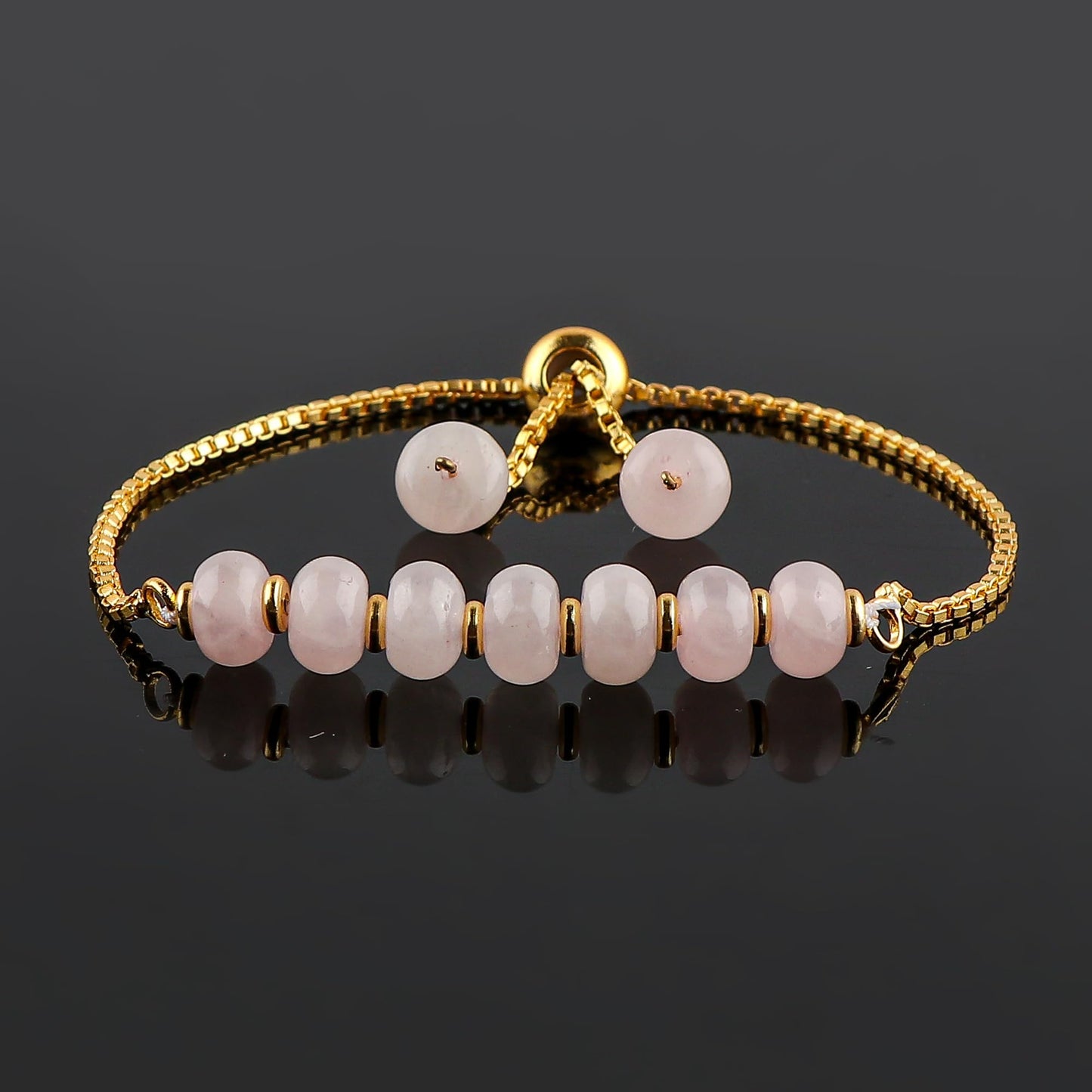 TGH Natural Rose Quartz Gemstone Rondelle Beads Bolo Bracelet Gold Plated Adjustable Slider Gift for Women Birthday Wedding Handmade Christmas Gifts (Rose Quartz Shade)