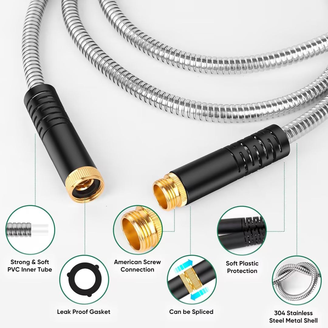 Garden Hose 50ft, Heavy Duty Stainless Steel Water Hose with 10 Functional Nozzles, No Kink, Lightweight and Flexible, Easy to Use and Store, Strong and Sturdy, Suitable for Yard and Lawn