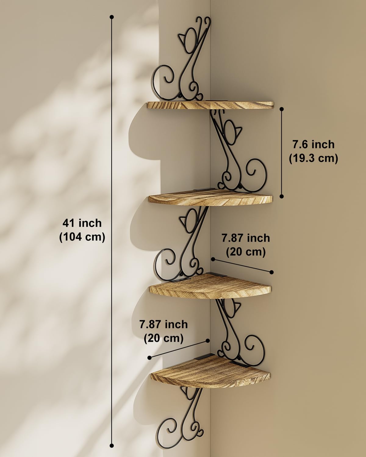 Alsonerbay Wall Mount Corner Shelves 4 Tier Floating Corner Storage Wood Shelves Decorative Rustic Radial Shelf in Cat Shape Carbonized Black