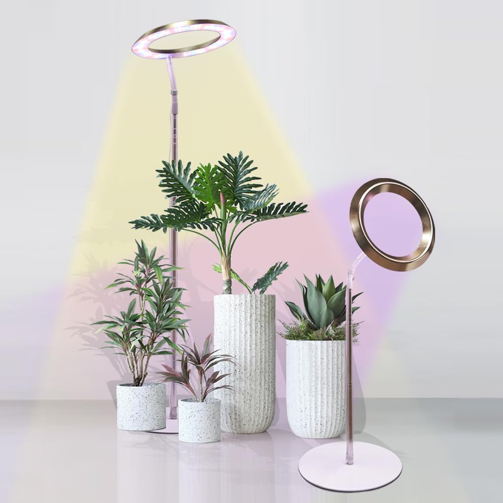 Qux 10” Halo Pro Grow Light,Full Spectrum LED Freestanting Plant Grow Lamp with 3 Kind of Light Colors switchover & 10-Level Dimmable,Auto On Off Timing 4/8/12Hrs for Indoor Larger Plants (Gold)