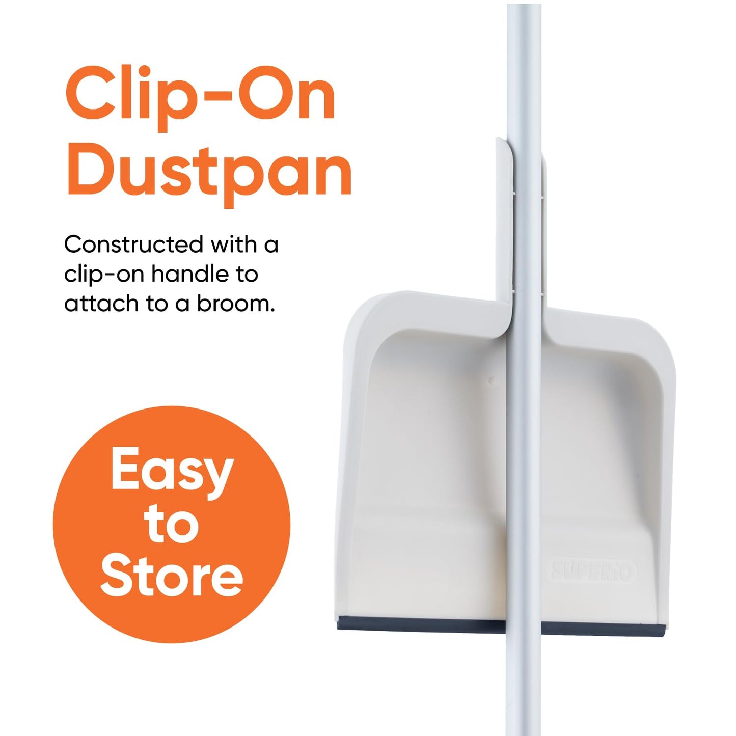 Superio Clip-On Dustpan with Rubber Lip - 10-inch Wide Durable Plastic Dust Pan with Comfort Grip Handle, White, 1-Pack