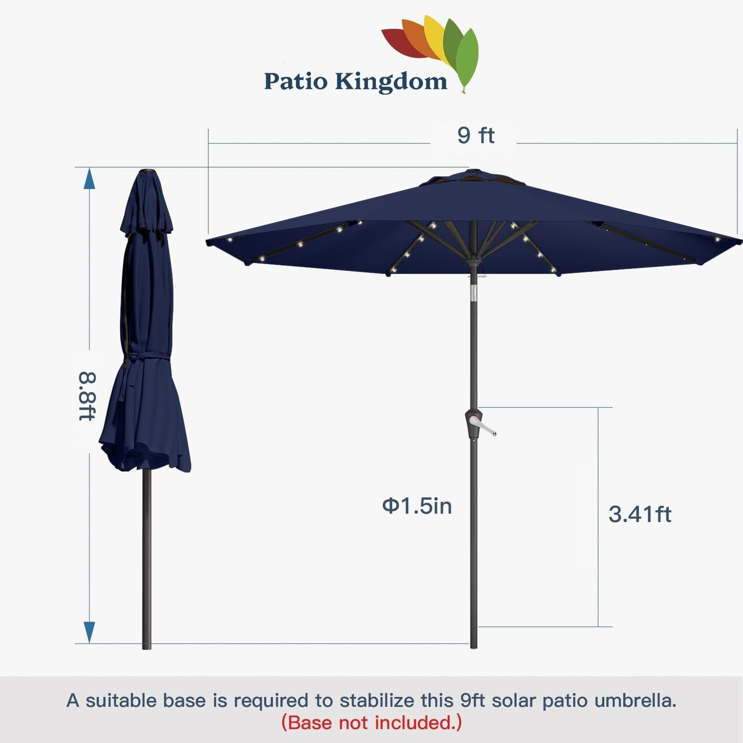 Patio Kingdom 9FT Solar Umbrella 32 LED Lighted Patio Umbrella Table Market Umbrella w/Tilt and Crank, UV-Resistant Outdoor Umbrella for Pool, Garden, Deck, Navy Blue