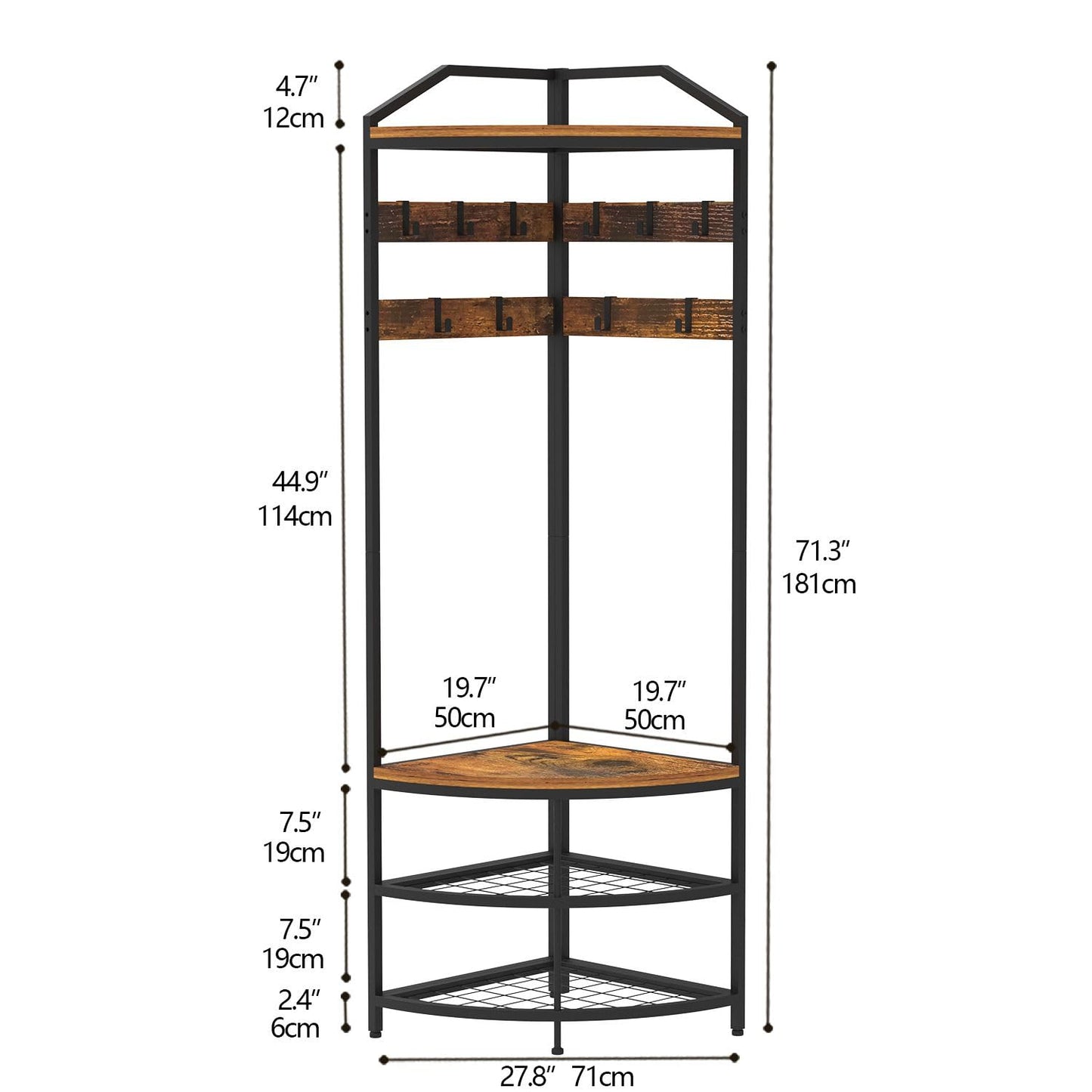 GiftGo Corner Hall Tree with Shoe Bench Entryway Coat Rack with 10 Metal Movable Hooks Floor Standing Clothes Rack Shoes Shelf Organizer for Home Office Bedroom (Rustic Brown)