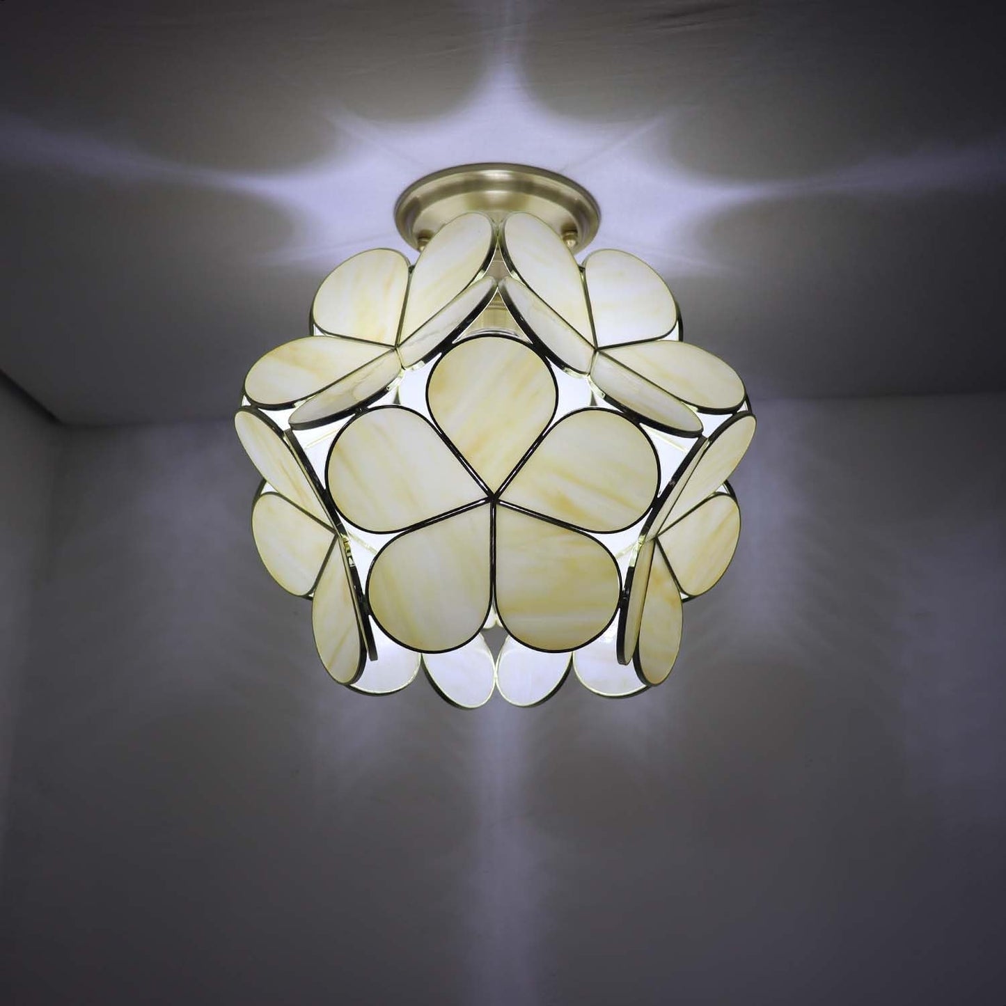 Bieye L11033 Flower Petals Tiffany Style Stained Glass Close to Ceiling Light for Home Decor (Cream White, 12" Cherry Blossom)