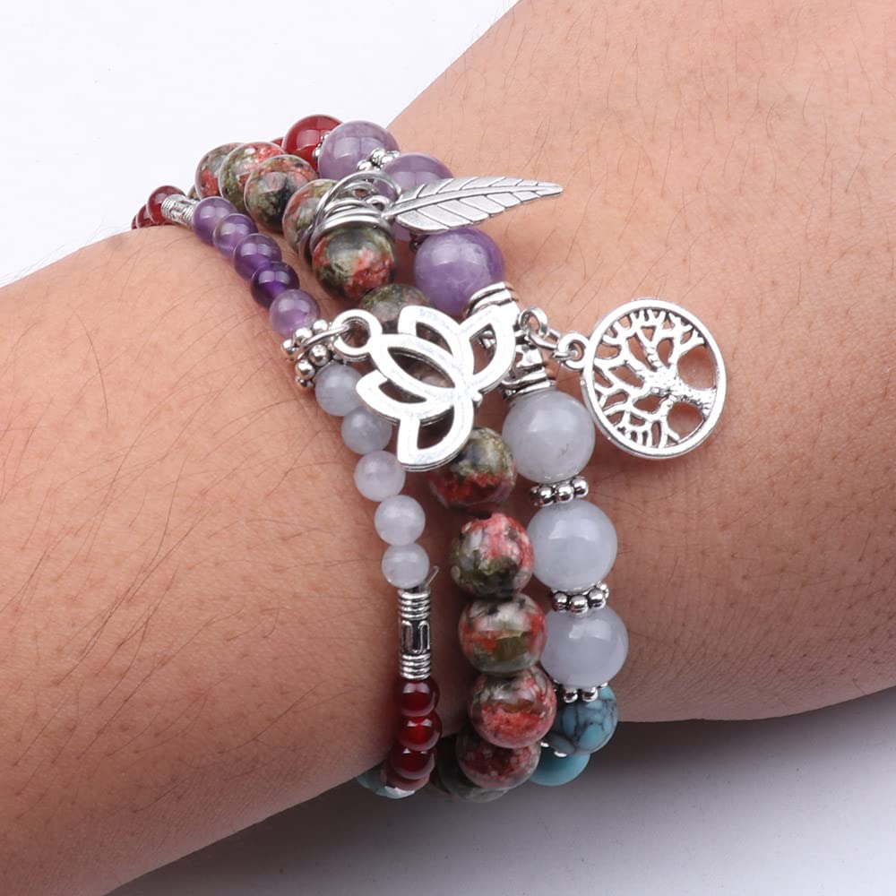 UEUC Gemstone Chakra Bracelets for Women, Multilayer Tree of Life Lotus Crystal Healing Stone Bracelet Sets, Yoga Meditation Reiki Relax Bracelets for Stress Relief(#138)