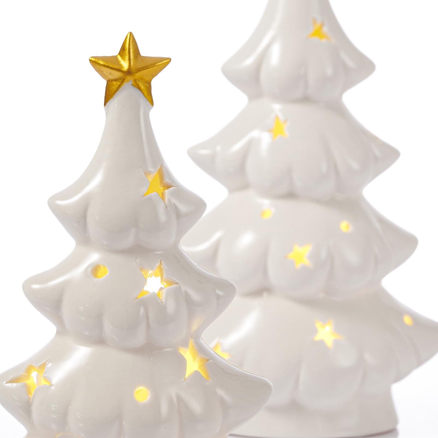 WDS WONDROUS Ceramic Christmas Tree White with Lighted Decor, 2 Pcs Christmas Trees Figurines with Lights, Small Xmas Tree with Star for Tabletop Mantel Shelf Fireplace