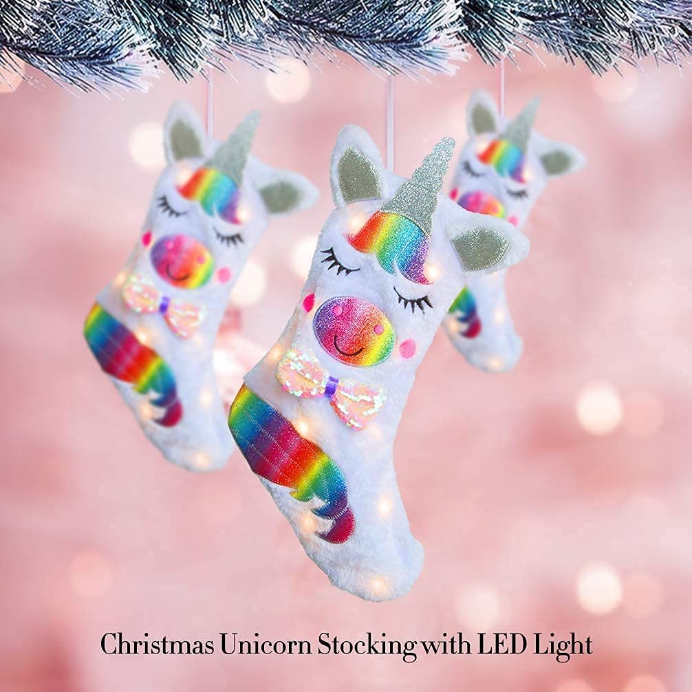 shelly home Christmas Stocking with LED Light Unicorn Sparkly Sequins Stockings for Christmas Decoration