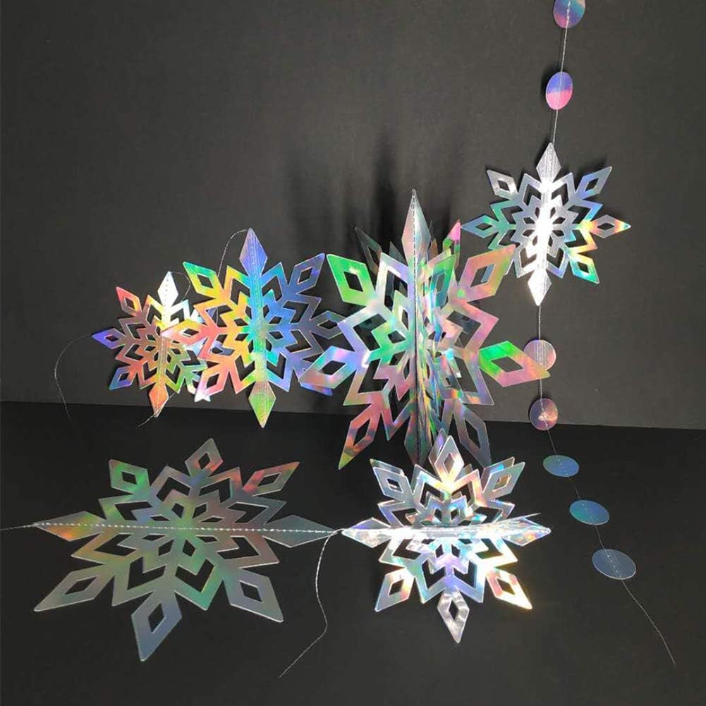 Cheerland Winter Wonderland Decorations Iridescent Snowflakes Garland Holographic 3D Snowflake Streamers for Winter Onederland Birthday Party Decoration Backdrop Office Janurary Party Indoor Supplies
