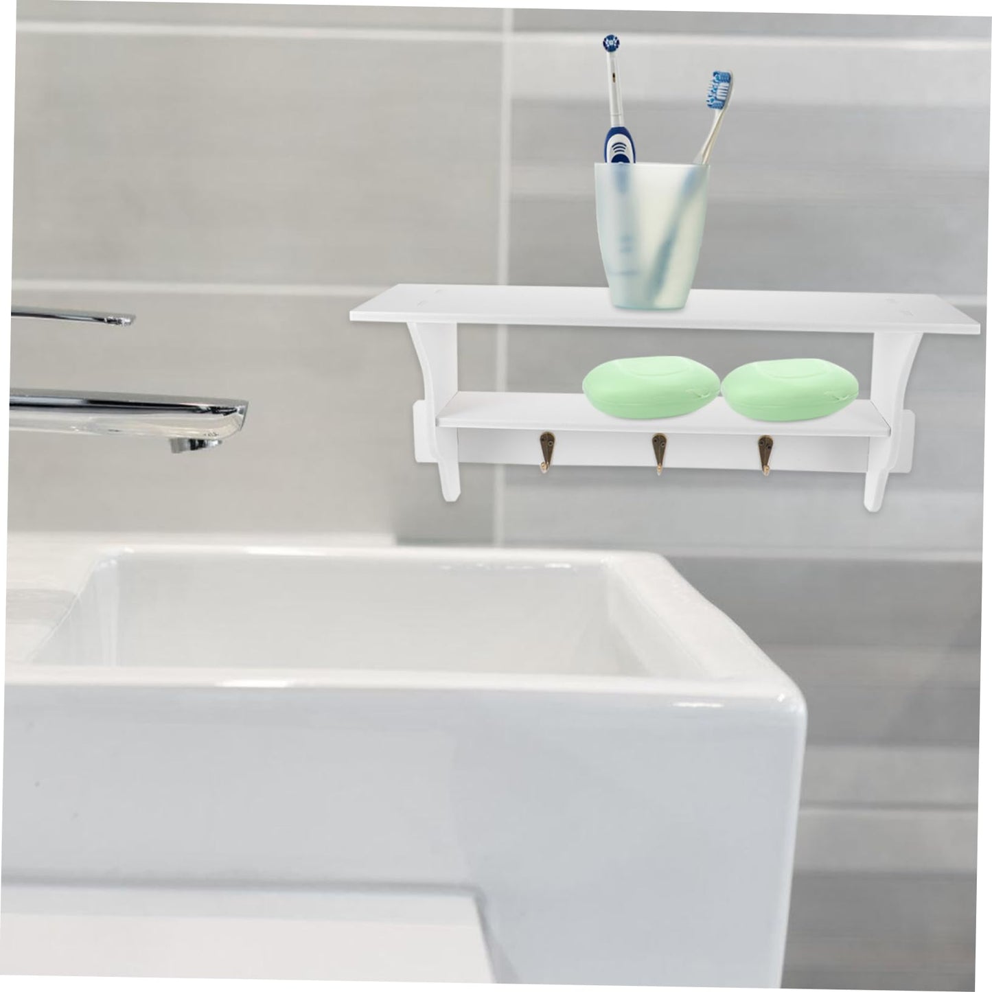 ABOOFAN Modern Wall Shelf with Hooks Floating Storage Rack for Home Decor Key Holder and Organizer Design for Entryway Bedroom and Bathroom Elegant White Finish