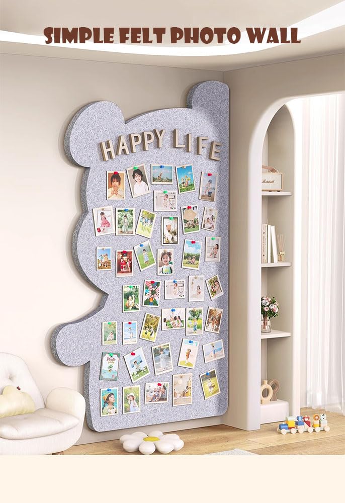 Bear Shaped Felt Wall Tiles Picture Display Board Decorative Creative Wall Aesthetic Photo Holder Bulletin Panel 31.4 * 47.2'' (Gray-Left)