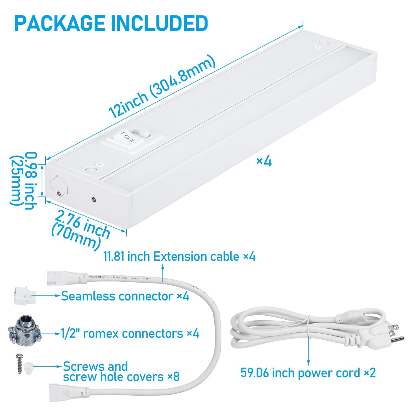 TORCHSTAR 12 Inch LED Under Cabinet Lighting 5CCT, ETL T24, 8W 600LM, Hardwired & Plug-in, 5 Color Selectable CRI90 120V Dimmable Under Counter Lights for Kitchen, White Aluminum Housing, 4 Pack