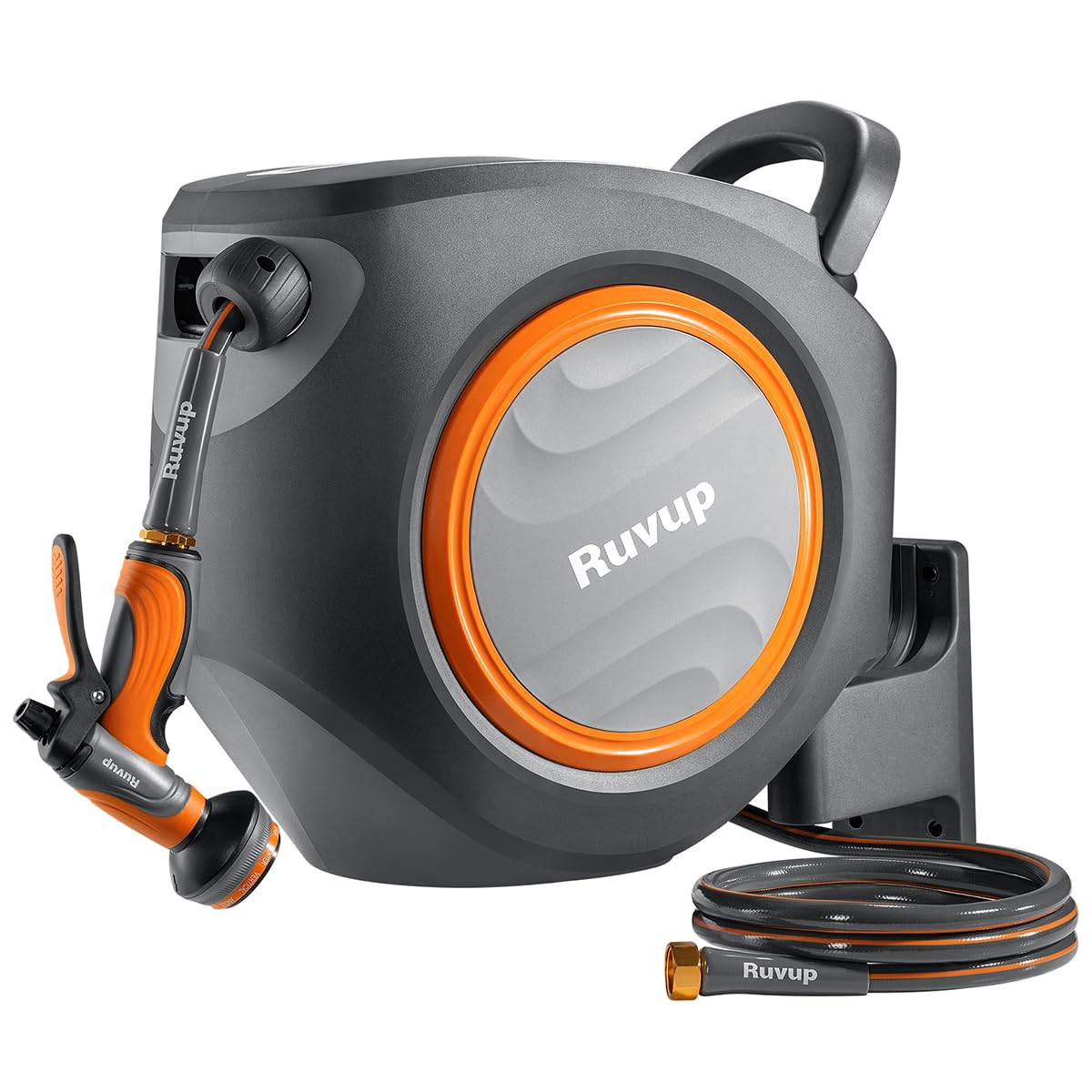 Ruvup Retractable Garden Hose Reel with Metal Bracket, 5/8in x 100ft+6.5ft Water Hose Reel, UV Resistant Automatic Hose Reel Wall Mount for Outside, Slow Retraction Any Length Lock 10 Spray Nozzle