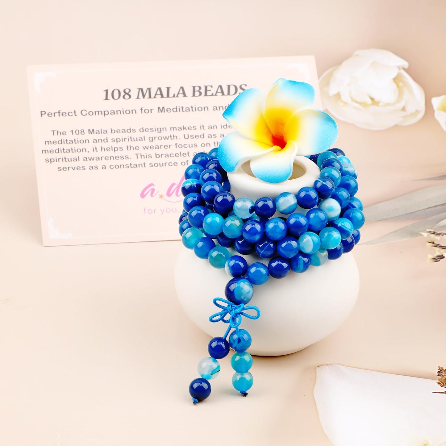 AD Beads 8mm 108 Prayer Mala Blue Stripe Agate Elastic Bracelet - Calming and Soothing - Handmade Yoga Meditation Healing Power Energy Gifts for Unisex Adult.