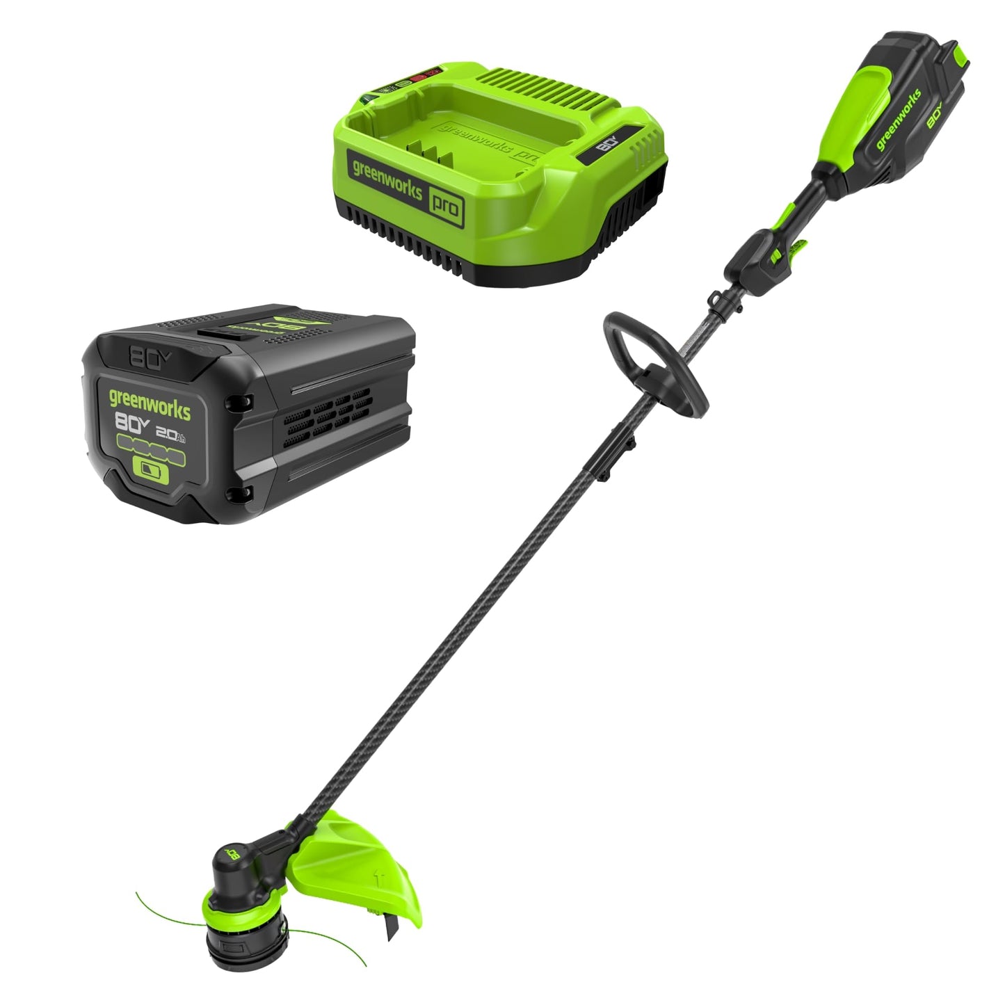 Greenworks 80V 16" Carbon Fiber Brushless Cordless String Trimmer - 2-Mile Fence Line & Driveway Edging Pro, 2.0Ah Battery/Charger Included, 23% Lighter vs Gas Trimmers