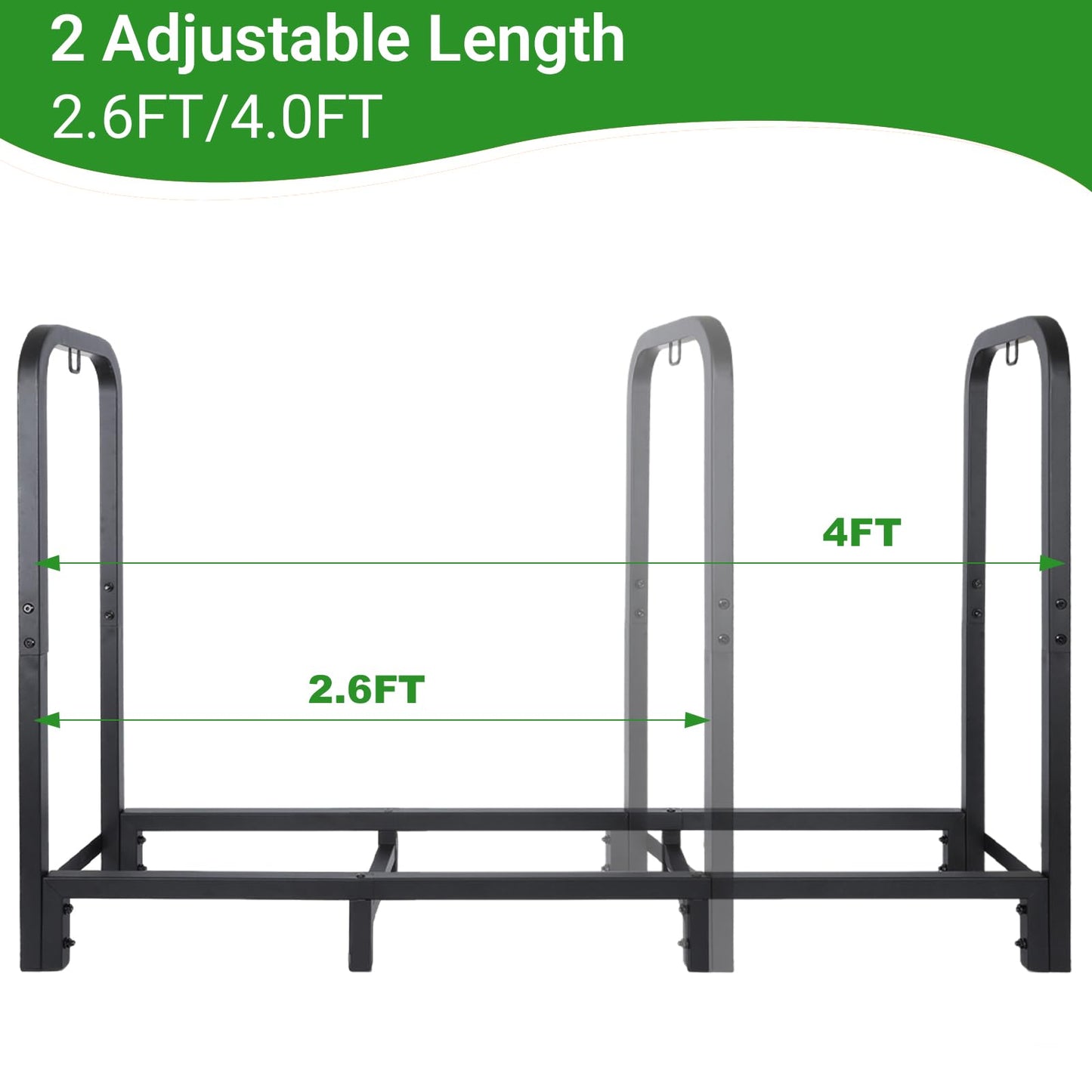 Luoieo 4FT Firewood Rack Outdoor, Holds 1543 LBS with 8 Sturdy Legs, Adjustable 2.6FT Elevated Log Holder Keeps Wood Dry, Black