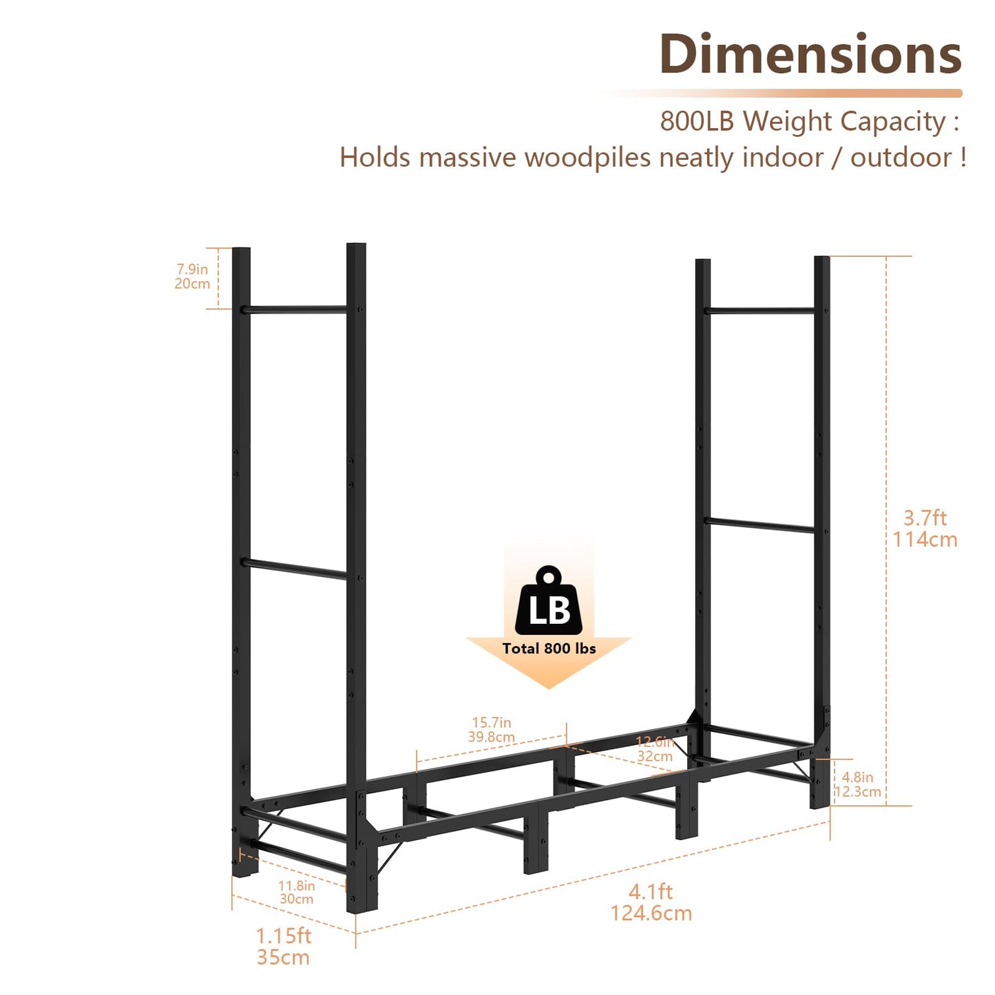 C-Hopetree 4Ft Outdoor Indoor Firewood Rack, Adjustable Metal Log Holder for Fireplace, Heavy Duty Wood Pile Storage Organizer Stacker Stand, Black