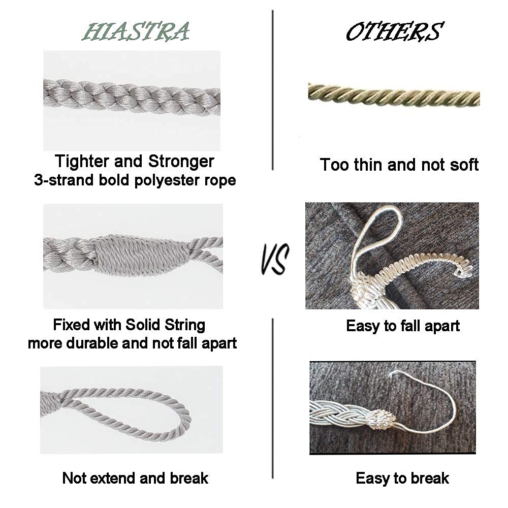 Hiastra Curtain Tiebacks Ropes, 2pcs Decorative Handmade Tie Backs Curtain Holdbacks Holders Cord for Window Sheer Drapes Indoor Outdoor, Grey