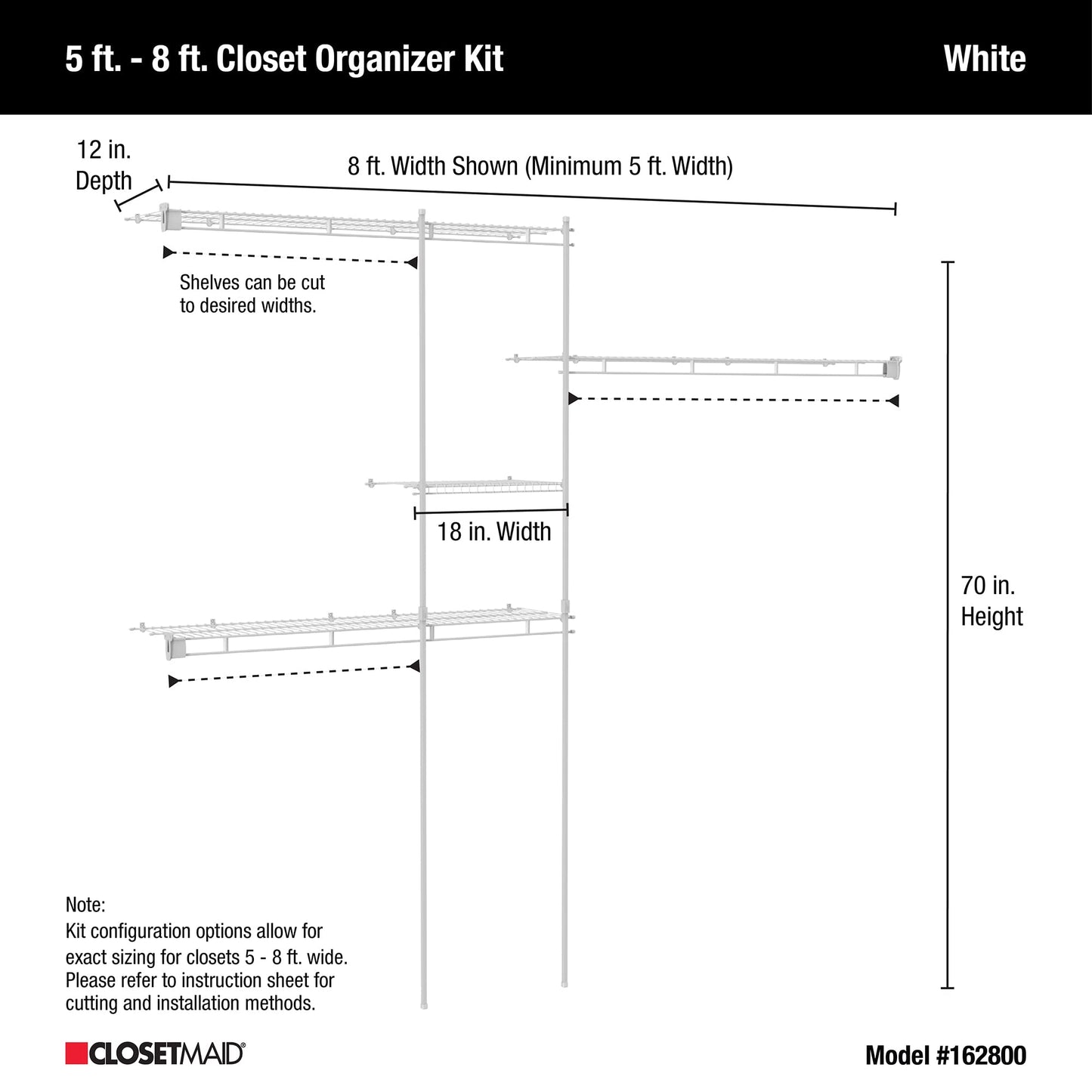 ClosetMaid Wire Closet Organizer System, Adjustable from 5 to 8 Ft., with Shelves, Hardware, Durable Steel, Fixed Mount Installation, White