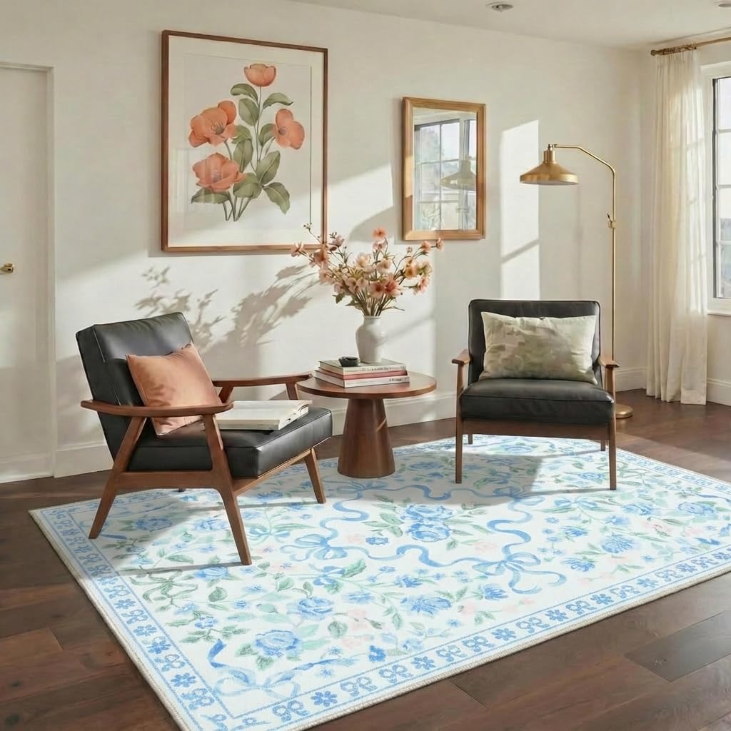 Bavni Area Rugs 5X7 for Living Room，Machine Washable Non Slip Low Pile Soft Rug，Cute Floral Carpet for Bedroom Dining Room Girls Room Nursery Room and Kids Room or Playroom, Pastel Blue