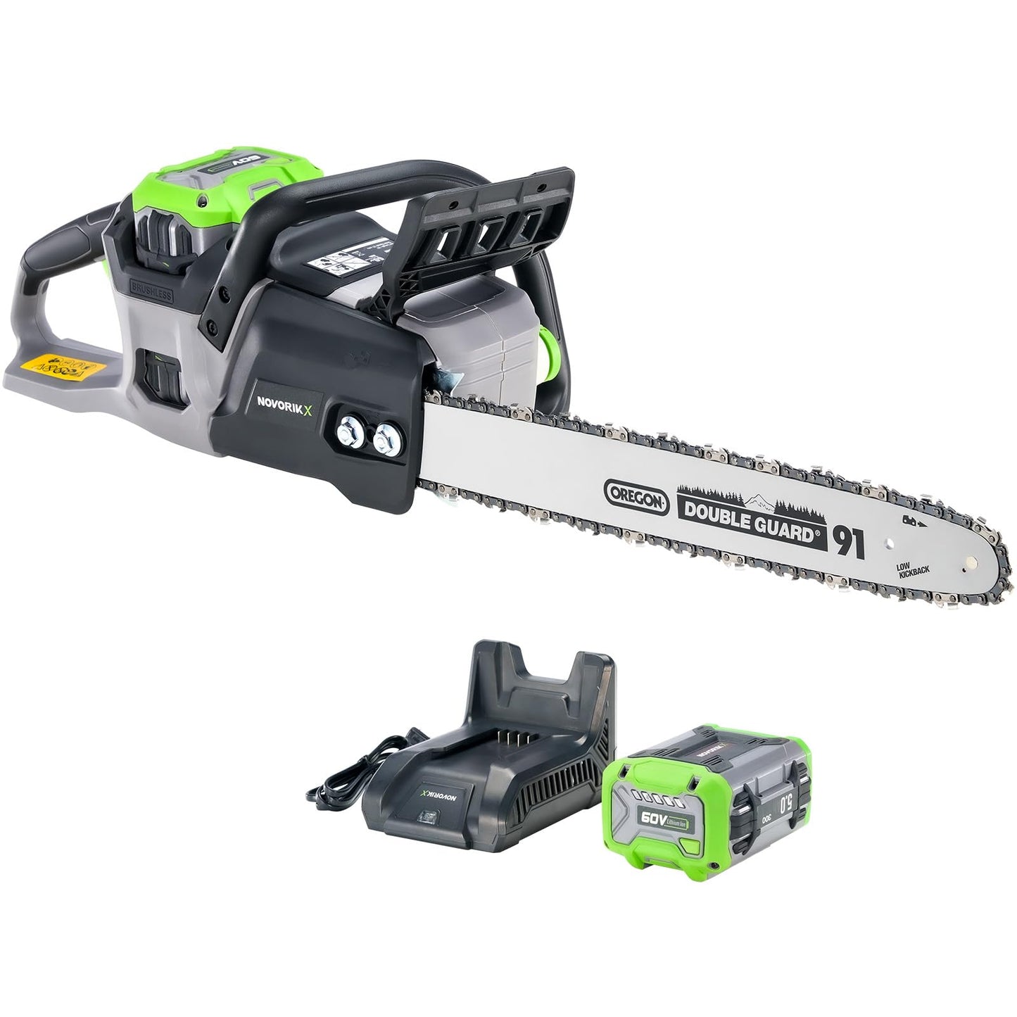 NovorikX 60V Brushless Cordless Chainsaw, 18"&16" Electric Chain Saw with 5.0Ah Battery & Charger, Automatic Oiler, Tool-Free Tension for Tree Trimming & Wood Cutting