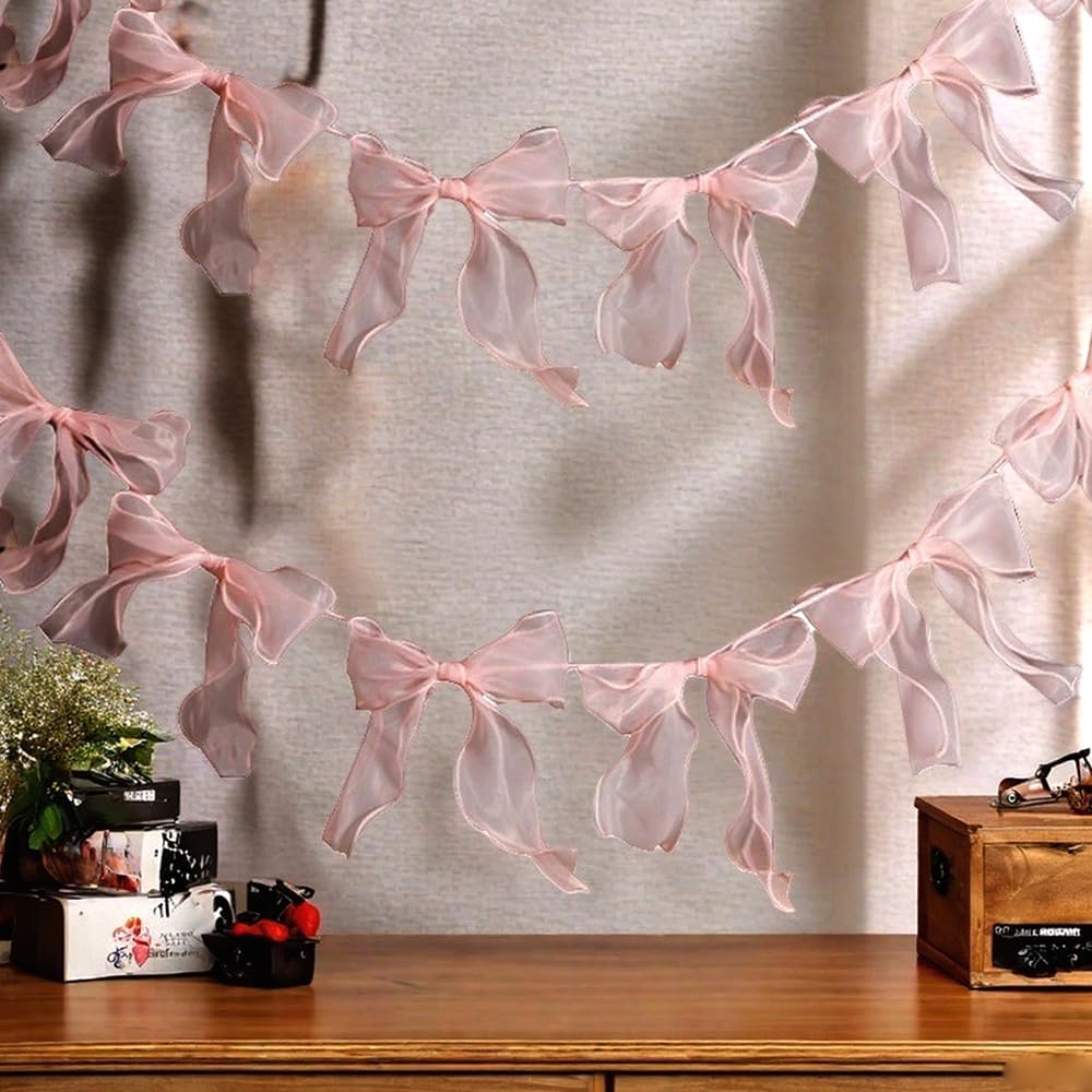 1 String of 12pcs Tulle Bow Garland Pink Bowknot Banner Garlands for Decoration Ribbon Garland Party Banner for Birthday,Wedding,Engagement,Anniversary,Bridal Shower, Bachelorette Party Pink Bow Decor