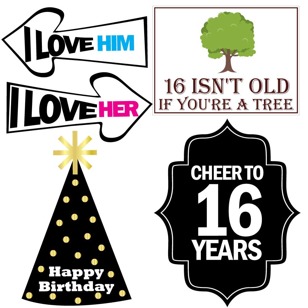 16th Birthday Photo Booth Props - 40 Pieces - Funny Birthday Party Supplies for Him or Her - Photo Booth Decorations, Favors and Gifts