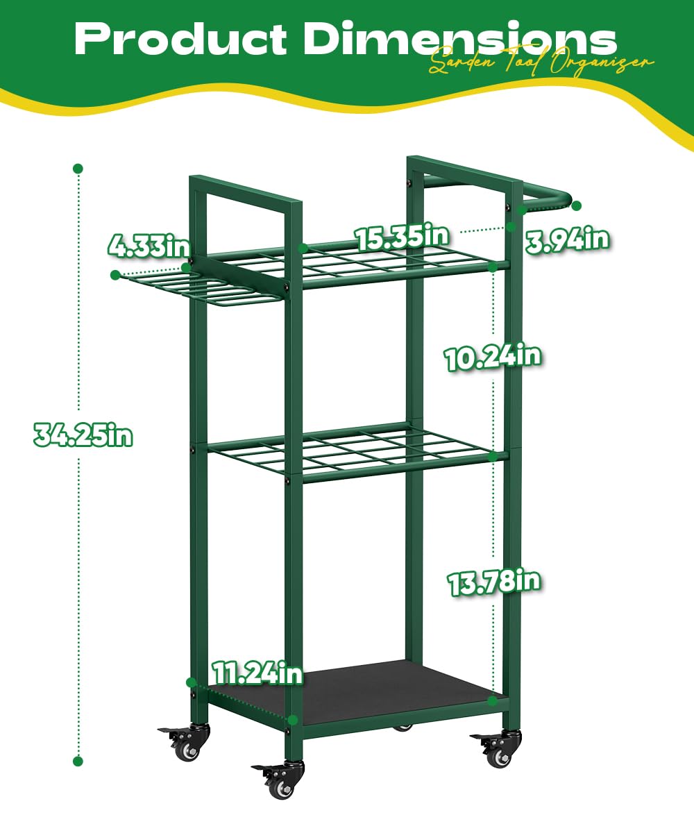Lotspasie Garden Tool Organizer with Wheels, Heavy Duty 3 Tier Metal Yard Tool Storage Rack Holder with Side Hooks, Freestanding Garage Organizer for Shovels, Rakes, Brooms, Indoor Outdoor Use, Green