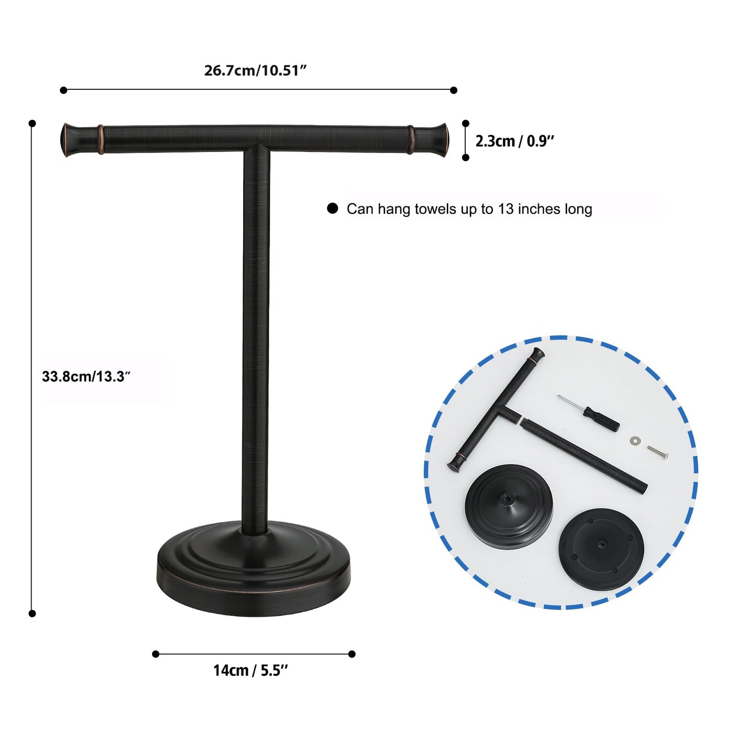 RUMOSE 13 Inch Oil Rubbed Bronze Towel Stand Hand Towel Holder Bathroom Kitchen Vanity Countertop T-Shape Towel Rack Free Standing Stainless Steel Towel Bar Towel Ring