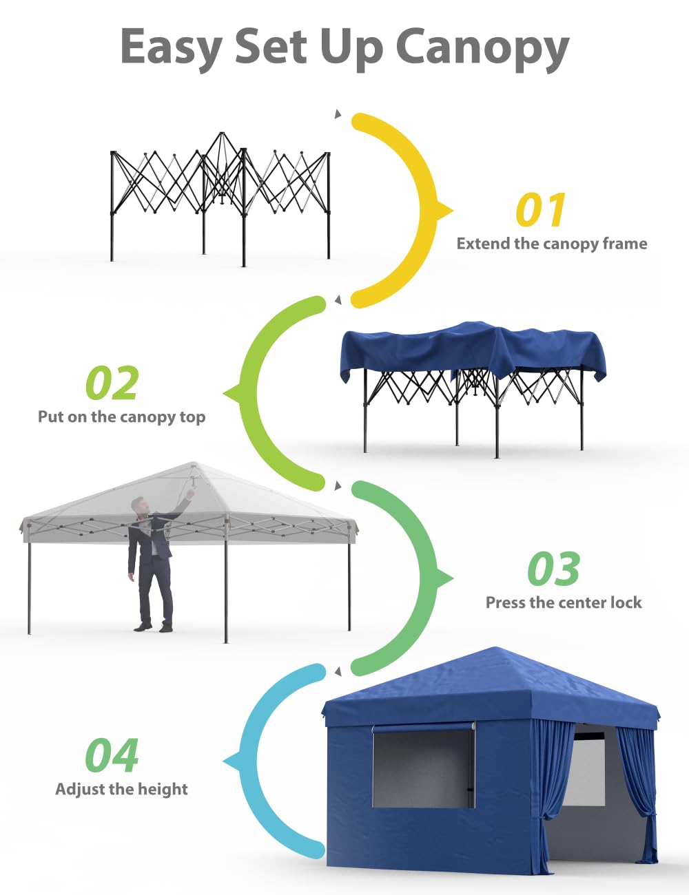 GarveeLife 10x10 Pop Up Canopy with 3 Sidewalls - Easy Up Camping Tent with One Button Push Setup - 1 Roller Bag, 3 Adjustable Height, 4 Weight Bags for Deck, Garden, Sports, Beach, Party - Blue