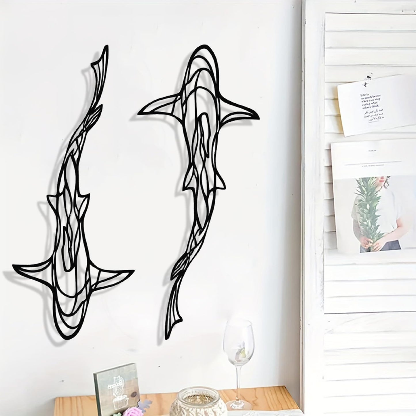 GDSPD Large 3D Metal Shark Wall Decor, Shark Line Wall Art, Metal Wall Art Decor, Metal Shark Sculpture, Ocean Fish Wall Hanging Shark Metal Wall Decor Art Wall Decorations for Living Room Bedroom (2 Pcs (Black))