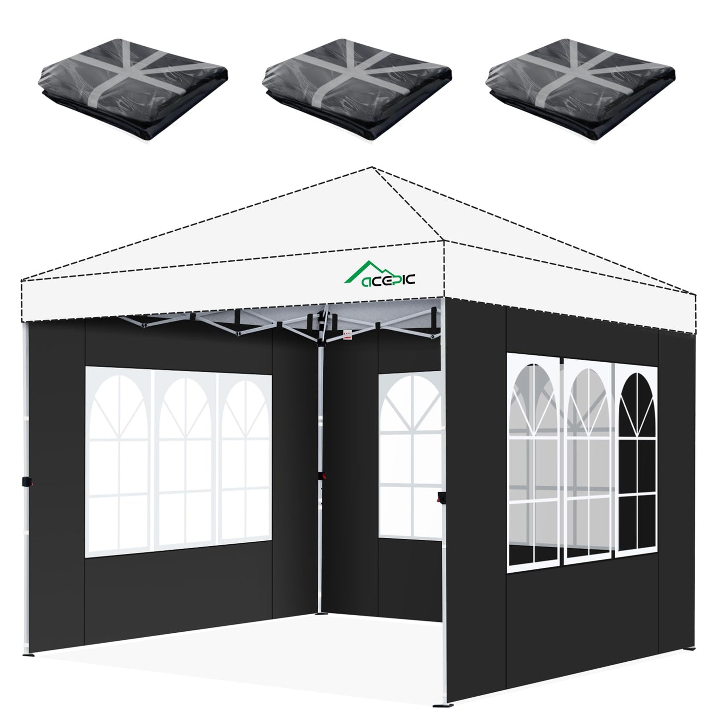 Acepic 3Pcs Instant Canopy Tent Sidewalls for 10x10 Pop-Up Canopy, Garden Gazebo, 210D Oxford Fabric Waterproof, Black (Tent NOT Included)
