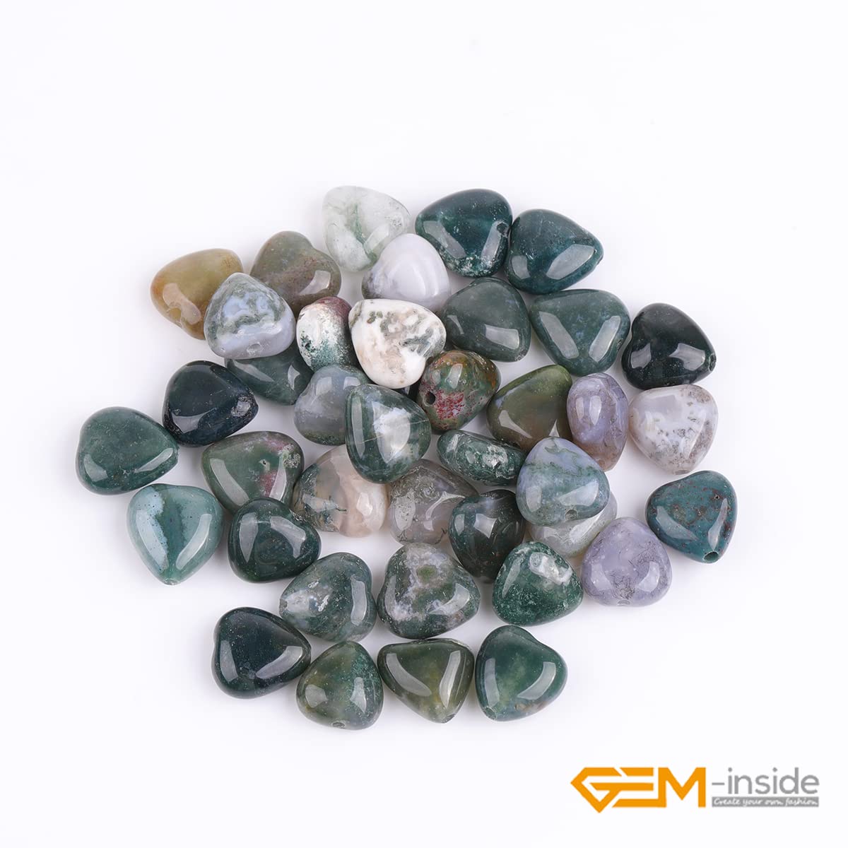 GEM-Inside 10mm Heart Charms Natural Green India Agate Gemstone Stone Beads for Jewelry Making Full 15" Strand Power Energy Healing Chakra Stone Beads
