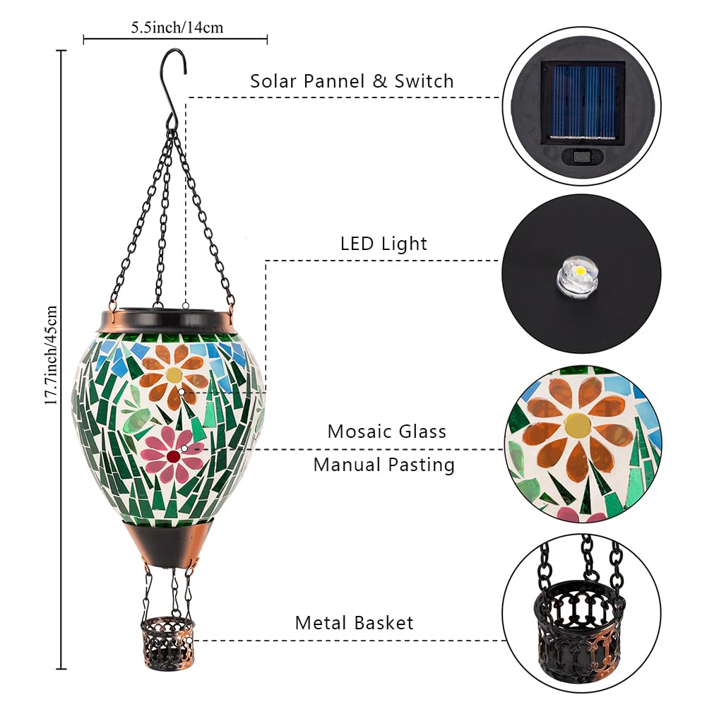 Giole Mosica Hot Air Balloon Solar Lantern, Flower Pattern Glass Hanging Solars Lanterns Outdoor Waterproof Decorative Solar Light for Garden, Yard, Patio Decor